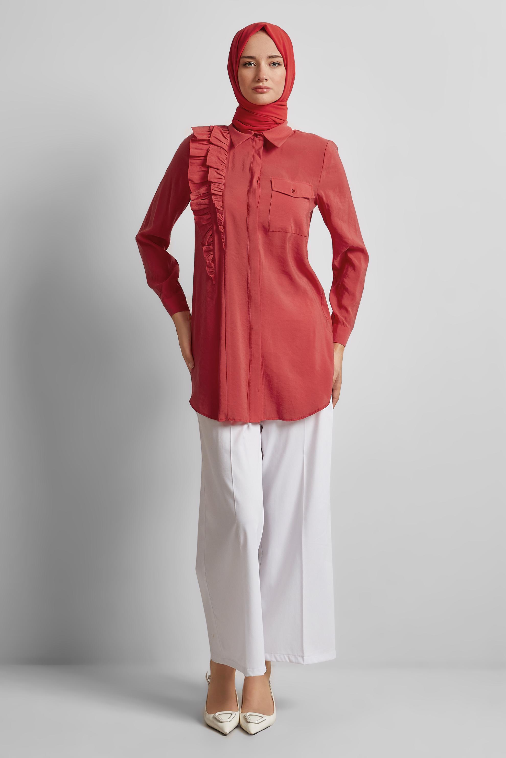 Tesettür giyim KIRMIZI FIRFIR DETAYLI TUNİK 44793