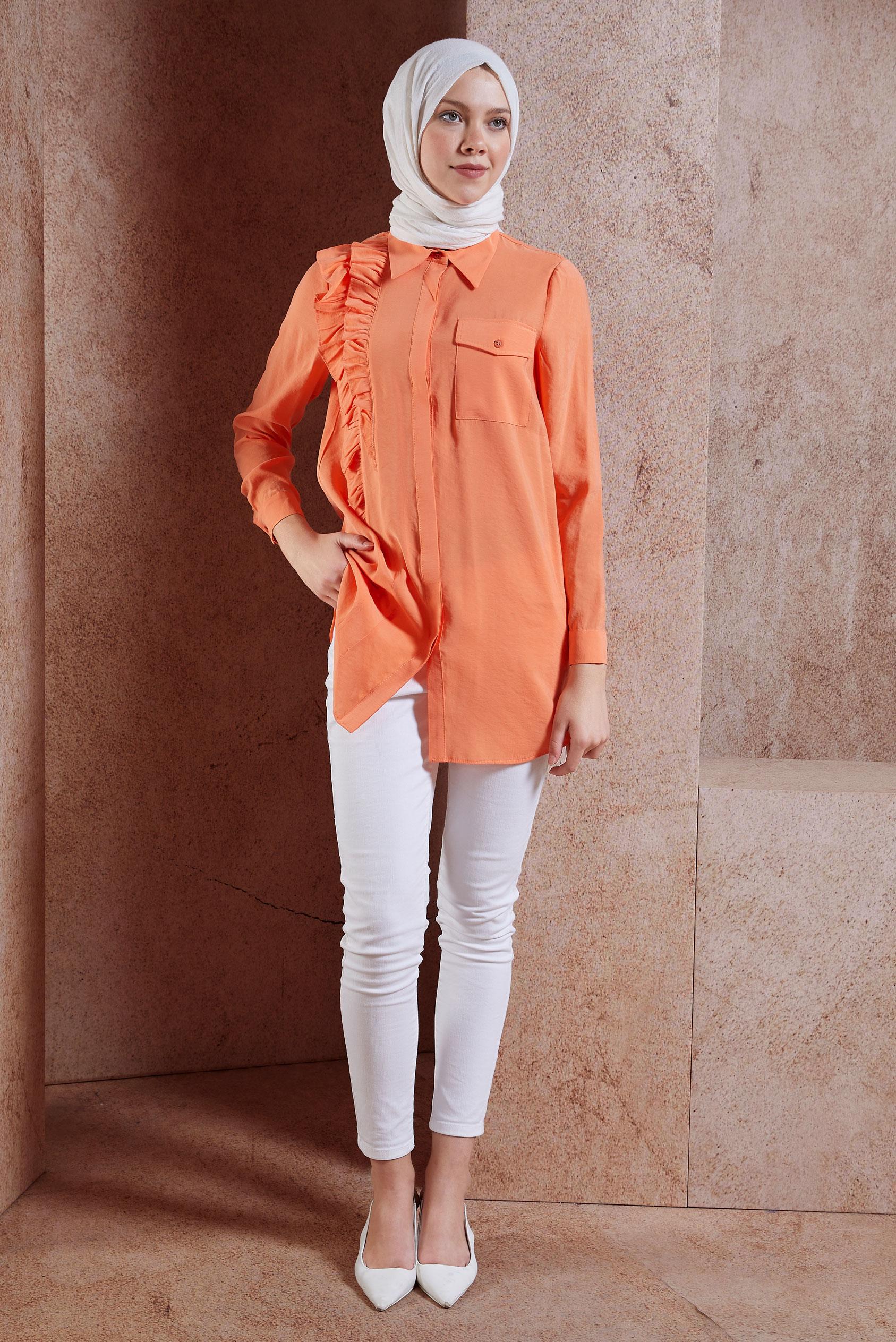 Tesettür giyim TURUNCU FIRFIR DETAYLI TUNİK 44793