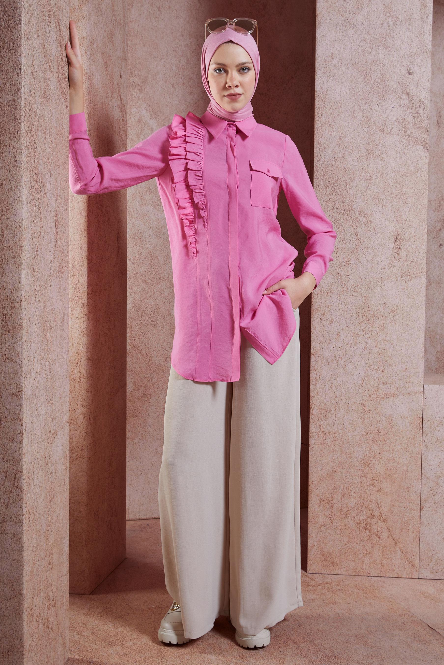 Tesettür giyim PEMBE FIRFIR DETAYLI TUNİK 44793