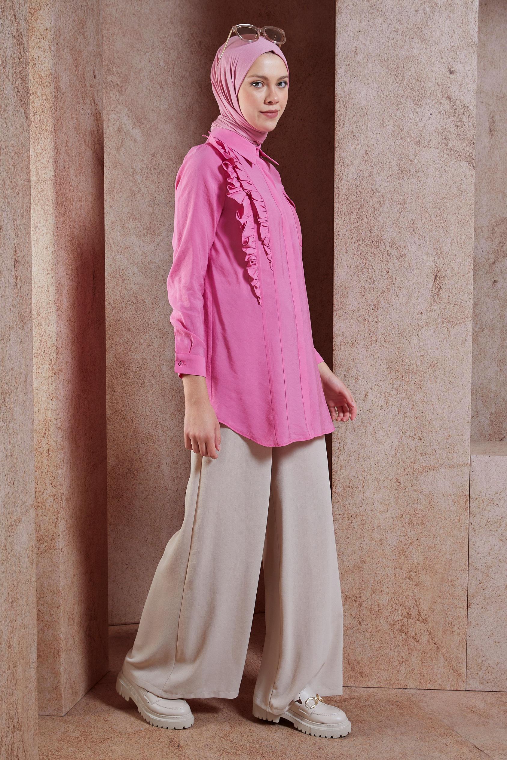 Tesettür giyim PEMBE FIRFIR DETAYLI TUNİK 44793