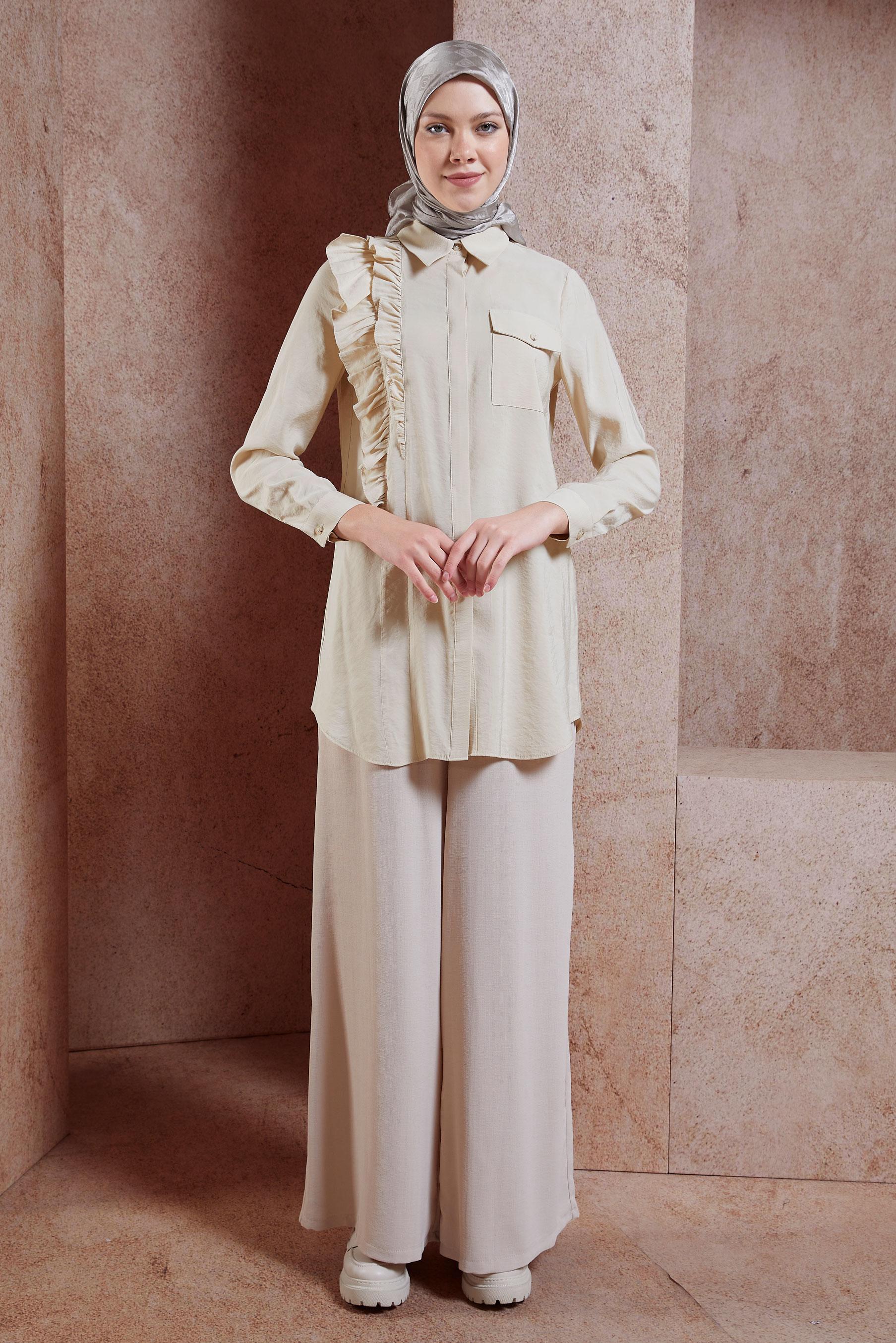 Tesettür giyim BEJ FIRFIR DETAYLI TUNİK 44793