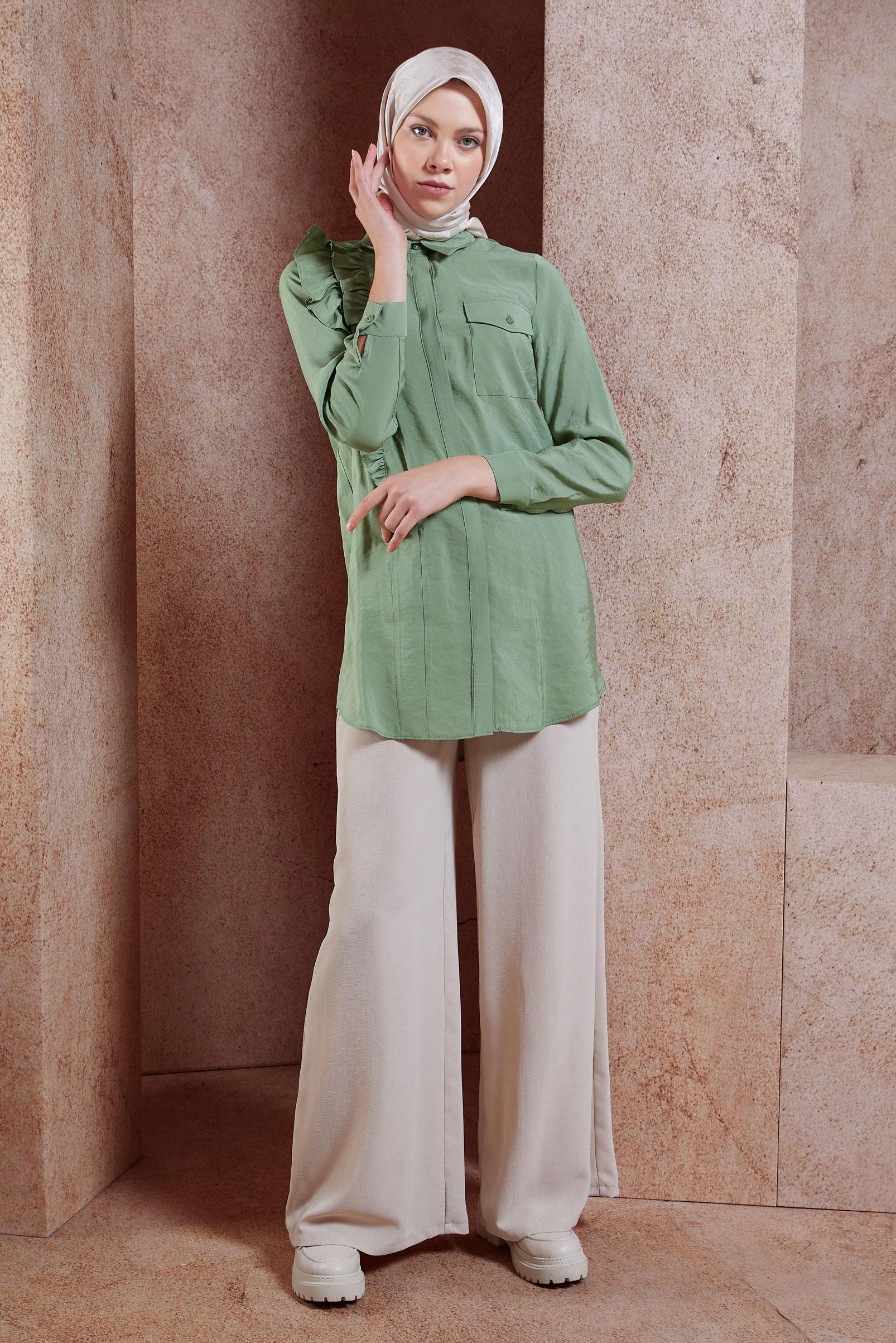 Tesettür giyim YEŞİL FIRFIR DETAYLI TUNİK 44793