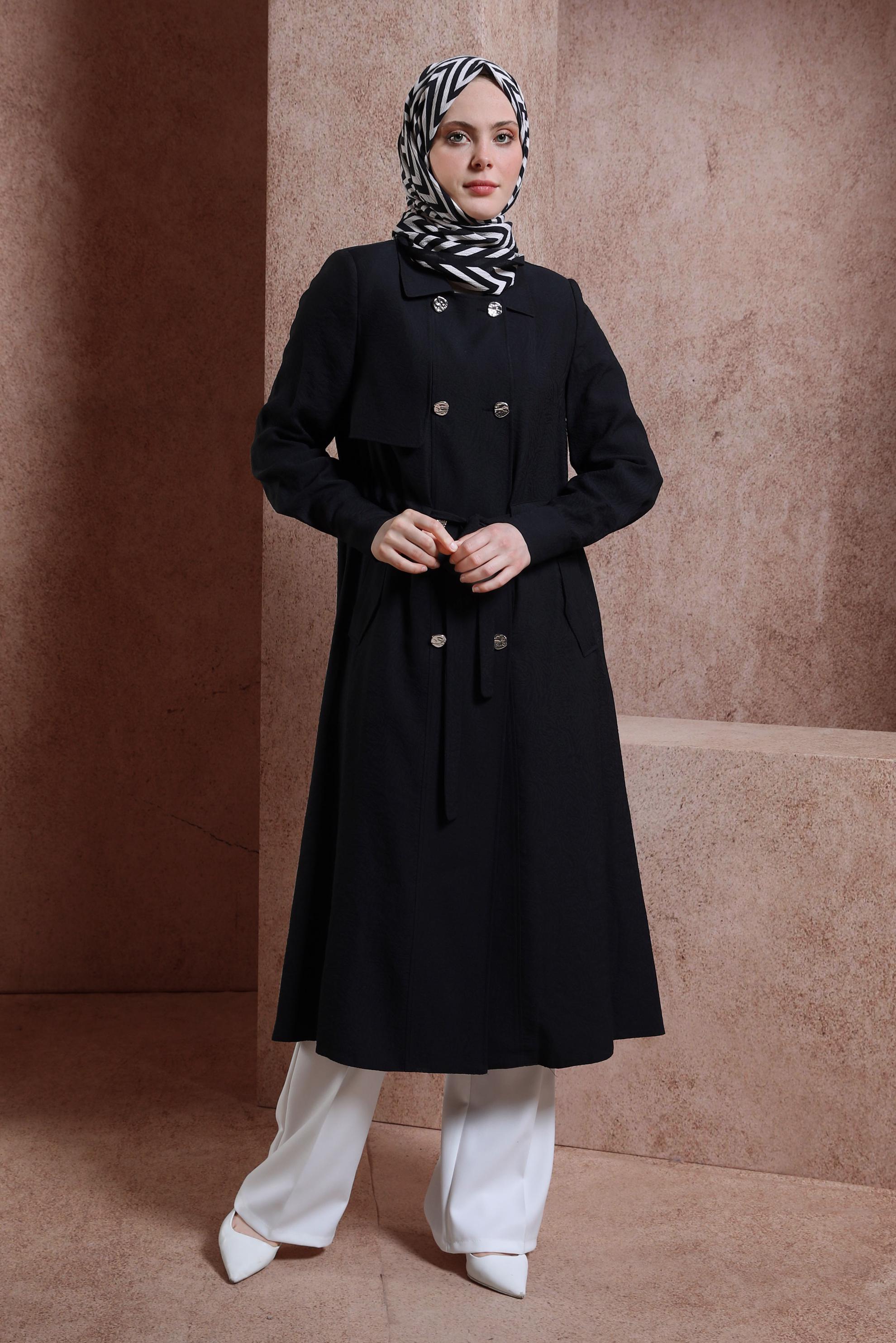 Tesettür giyim SİYAH BELİ BÜZGÜLÜ TRENÇKOT 10850