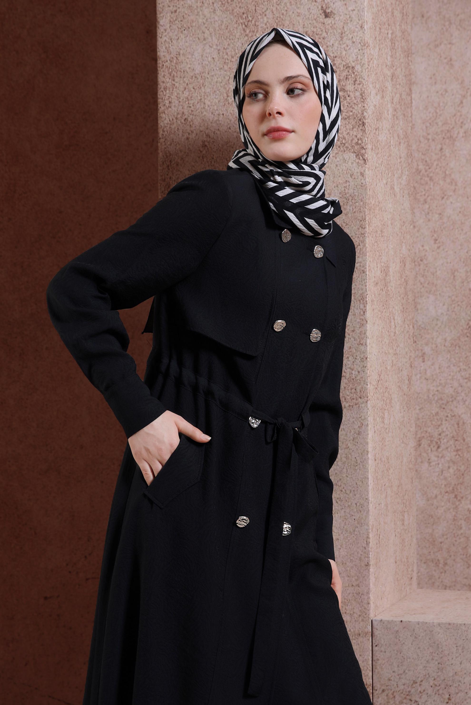 Tesettür giyim SİYAH BELİ BÜZGÜLÜ TRENÇKOT 10850