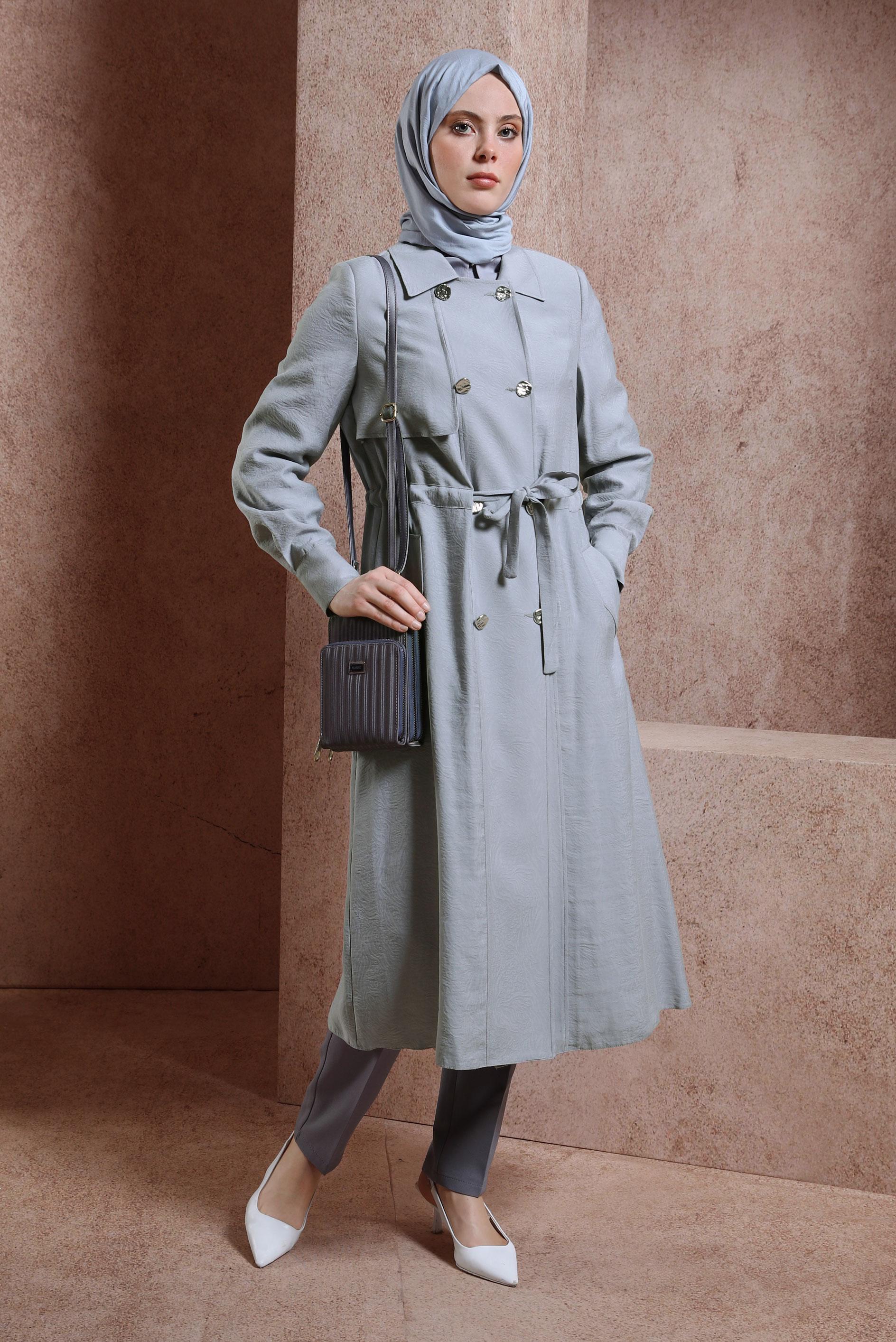 Tesettür giyim GRİ BELİ BÜZGÜLÜ TRENÇKOT 10850