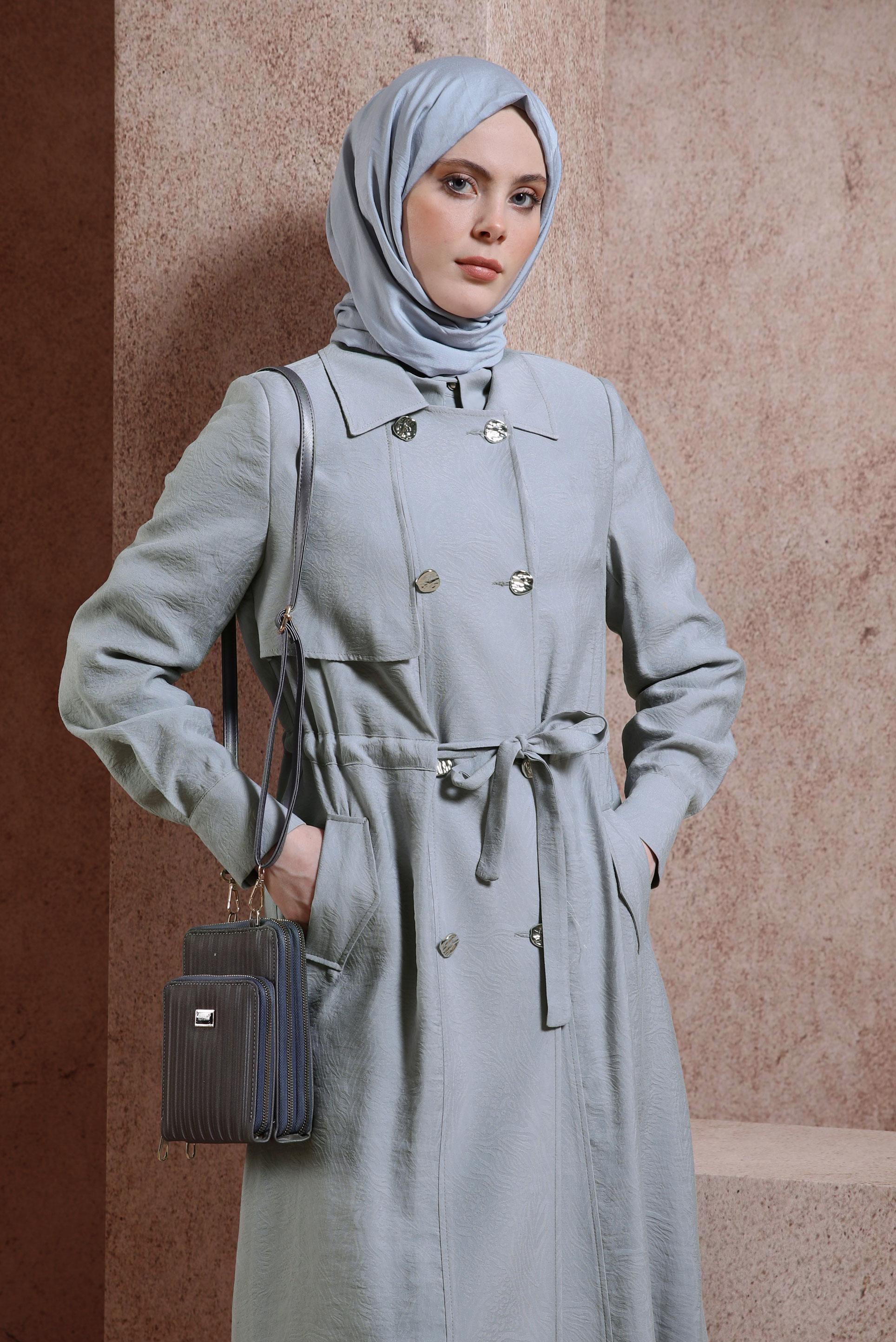 Tesettür giyim GRİ BELİ BÜZGÜLÜ TRENÇKOT 10850