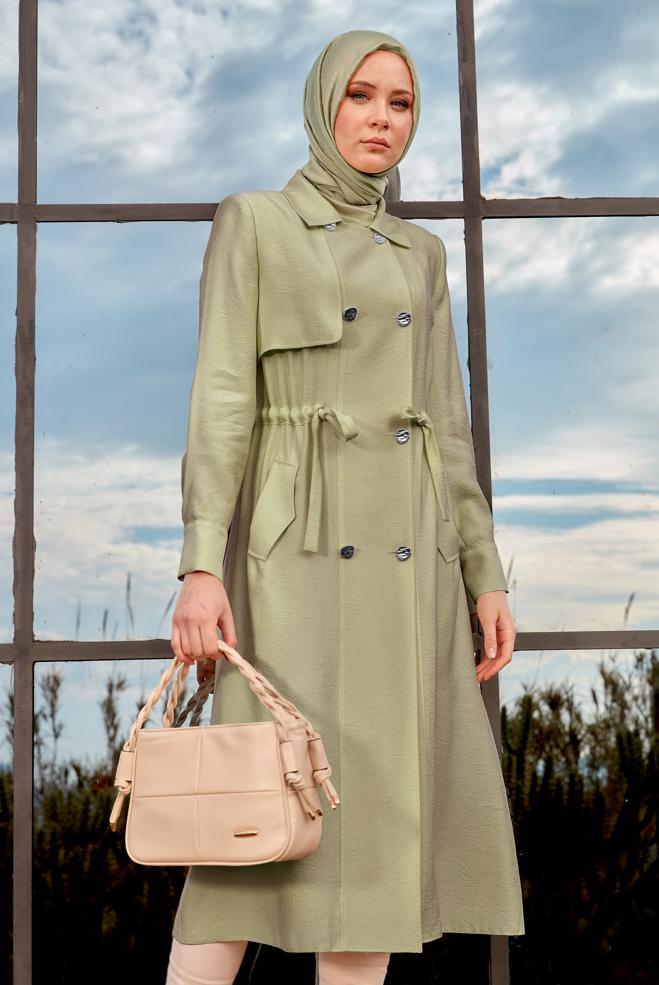 Tesettür giyim BEJ BELİ BÜZGÜLÜ TRENÇKOT 10850 - ALVİNA