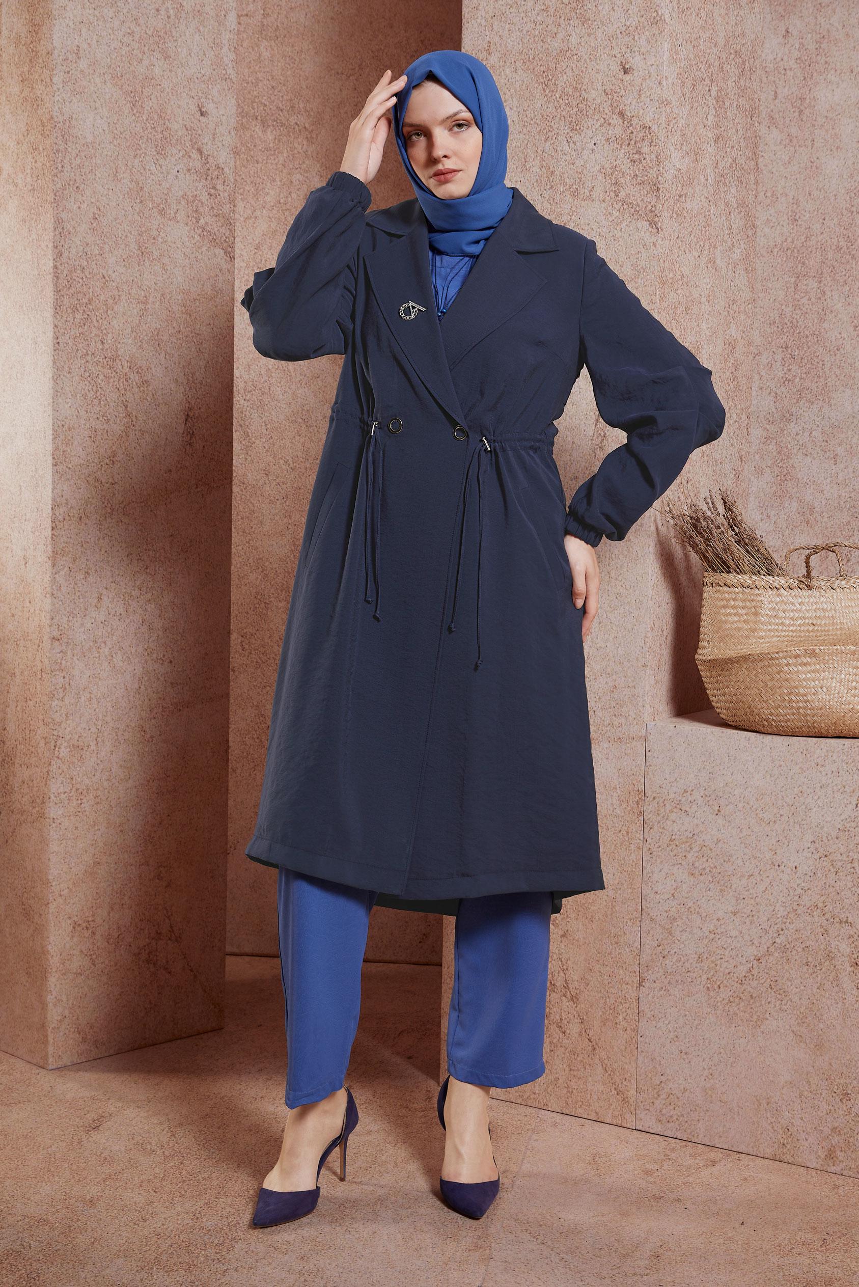 Tesettür giyim LACİVERT BELİ BÜZGÜLÜ TRENÇKOT 10851