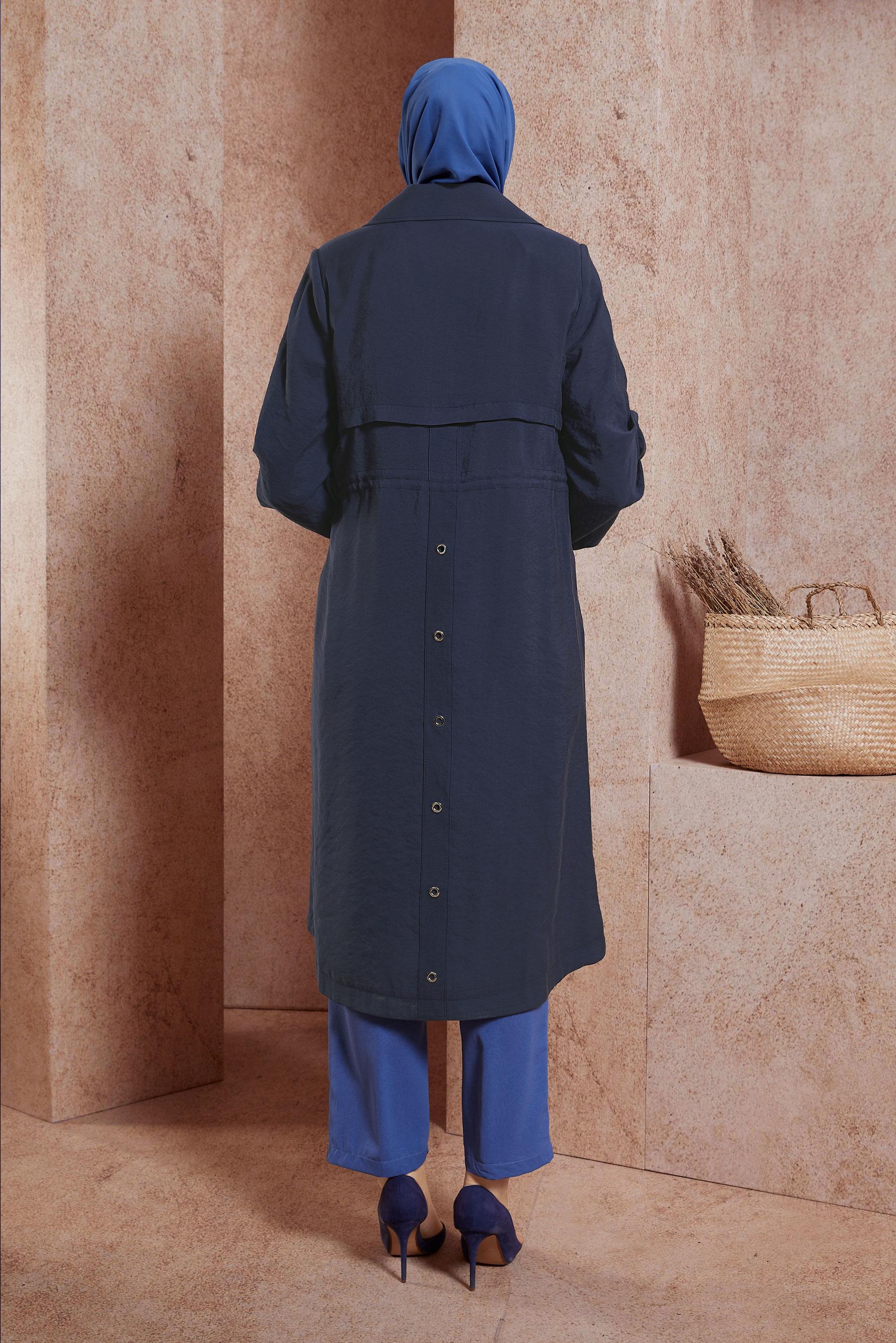 Tesettür giyim LACİVERT BELİ BÜZGÜLÜ TRENÇKOT 10851