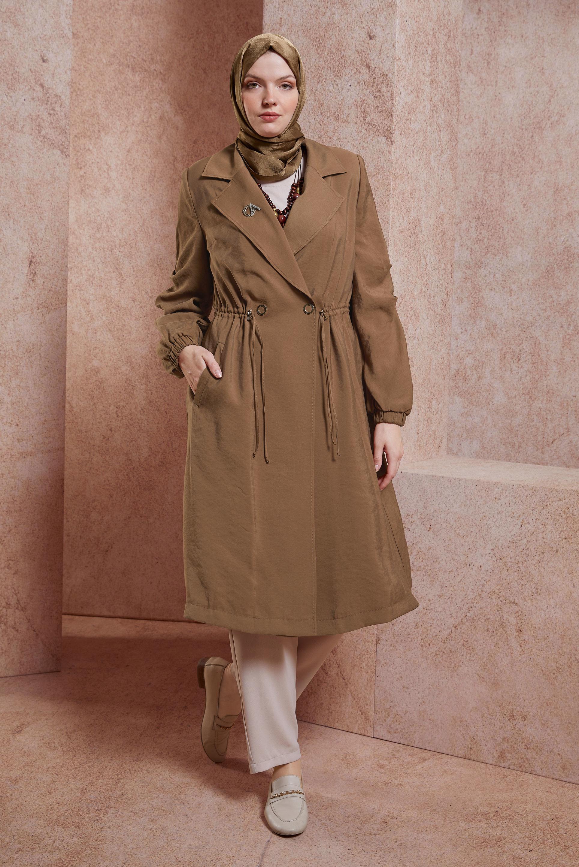 Tesettür giyim KAHVE BELİ BÜZGÜLÜ TRENÇKOT 10851