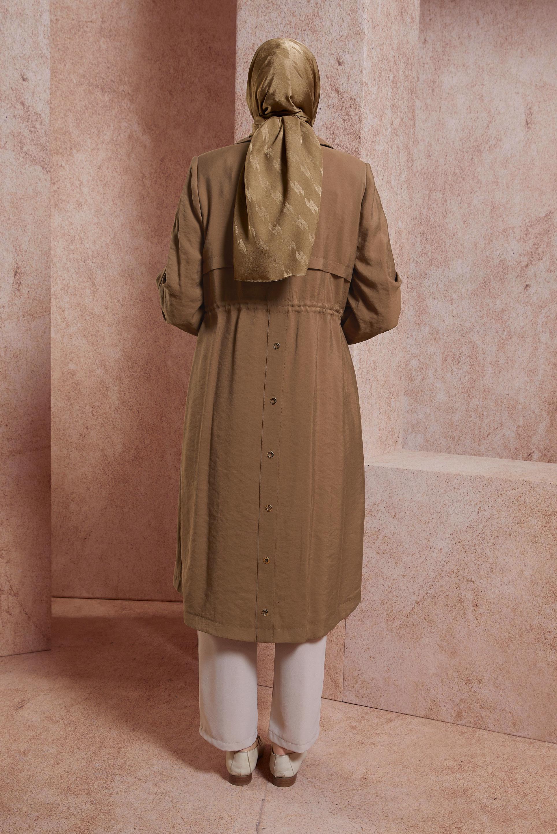 Tesettür giyim KAHVE BELİ BÜZGÜLÜ TRENÇKOT 10851