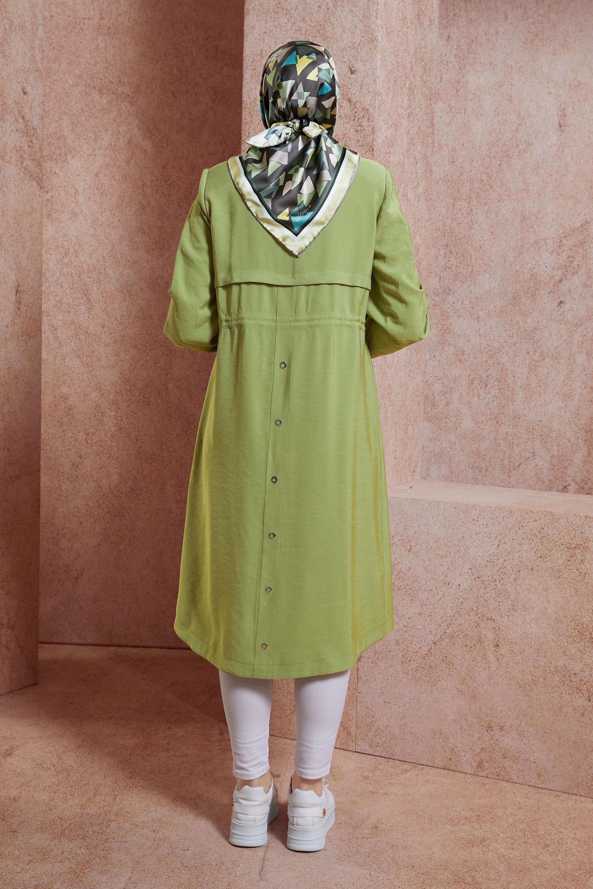 Tesettür giyim YEŞİL BELİ BÜZGÜLÜ TRENÇKOT 10851