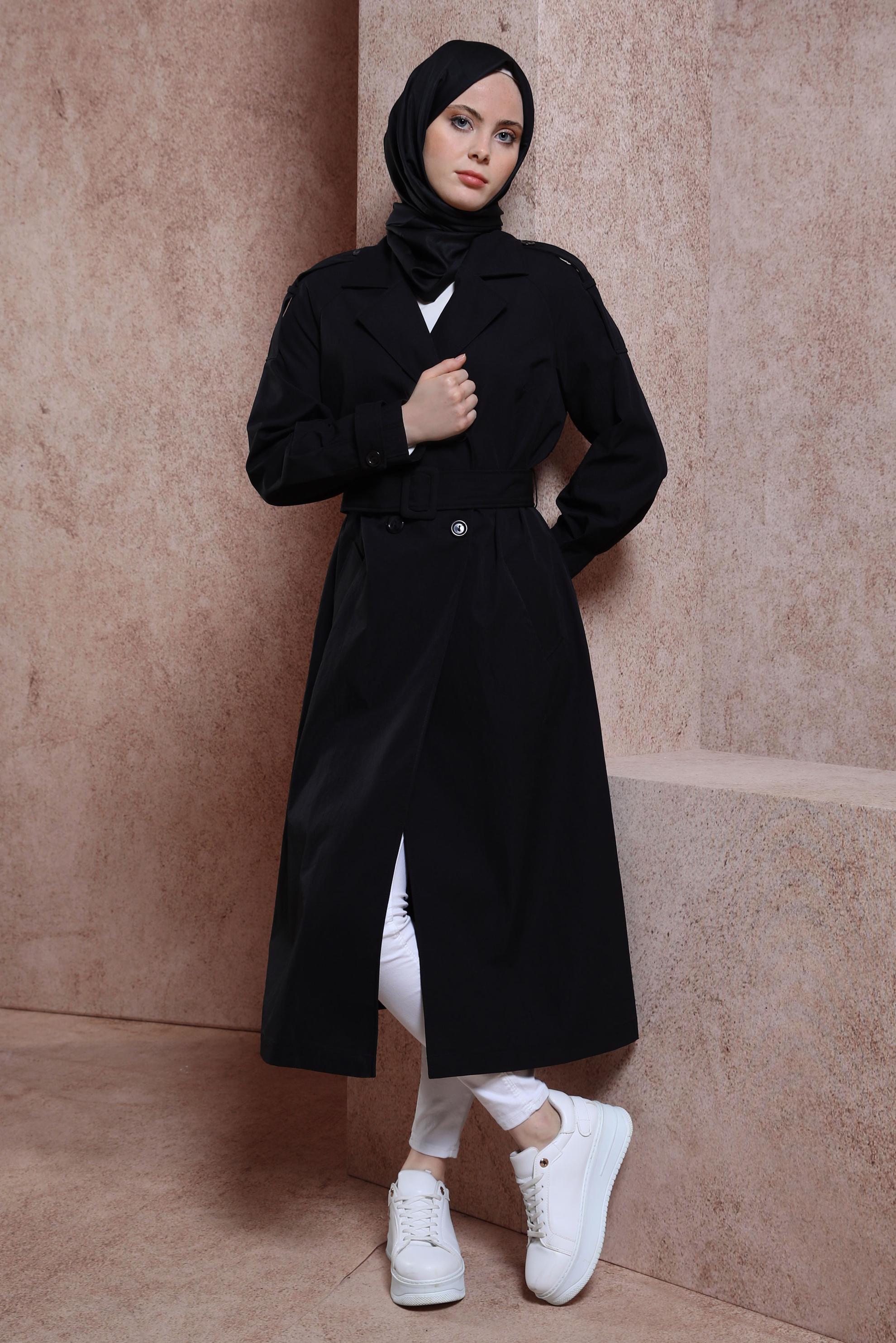 Tesettür giyim SİYAH KEMERLİ TRENÇKOT 10852
