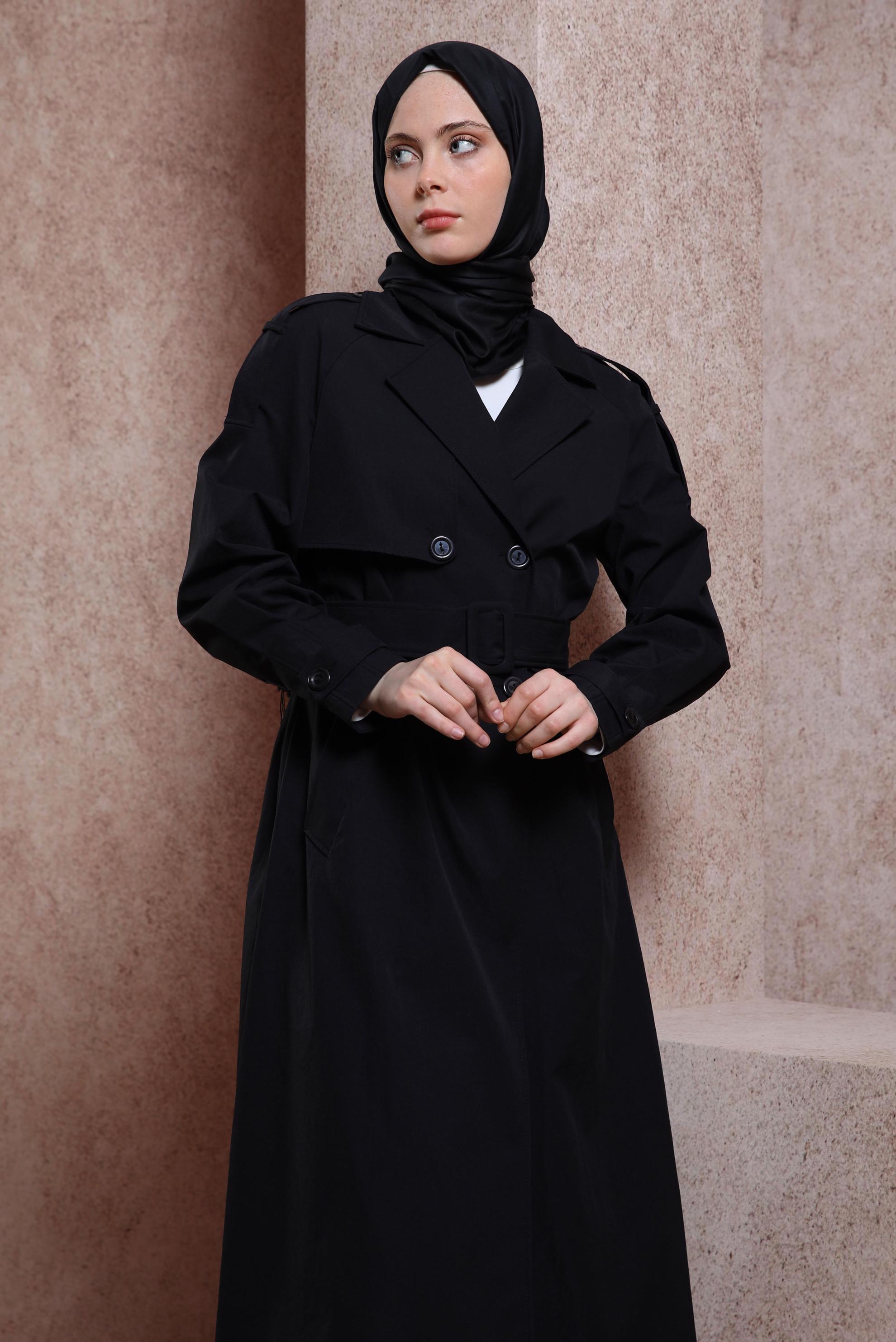 Tesettür giyim SİYAH KEMERLİ TRENÇKOT 10852