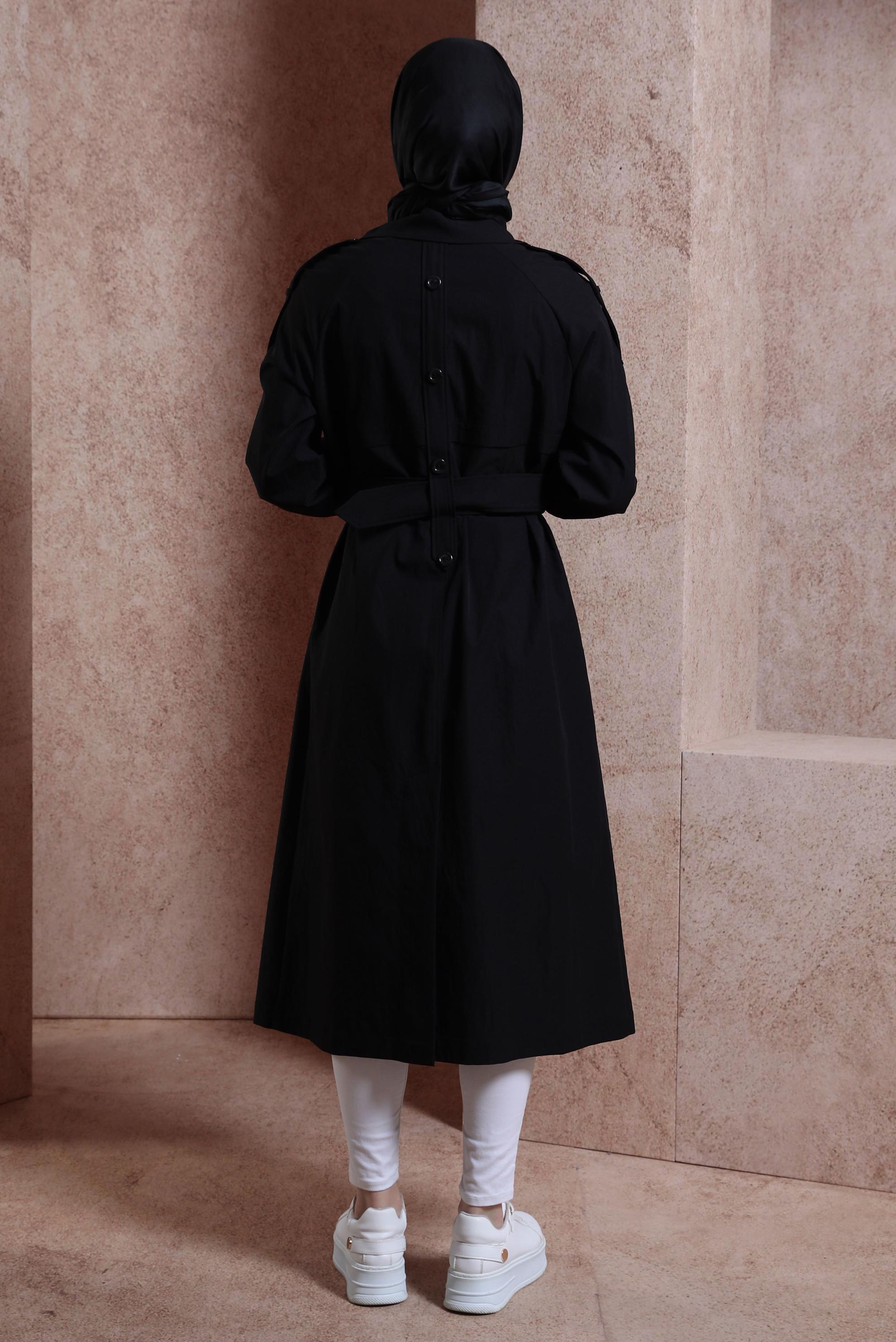 Tesettür giyim SİYAH KEMERLİ TRENÇKOT 10852