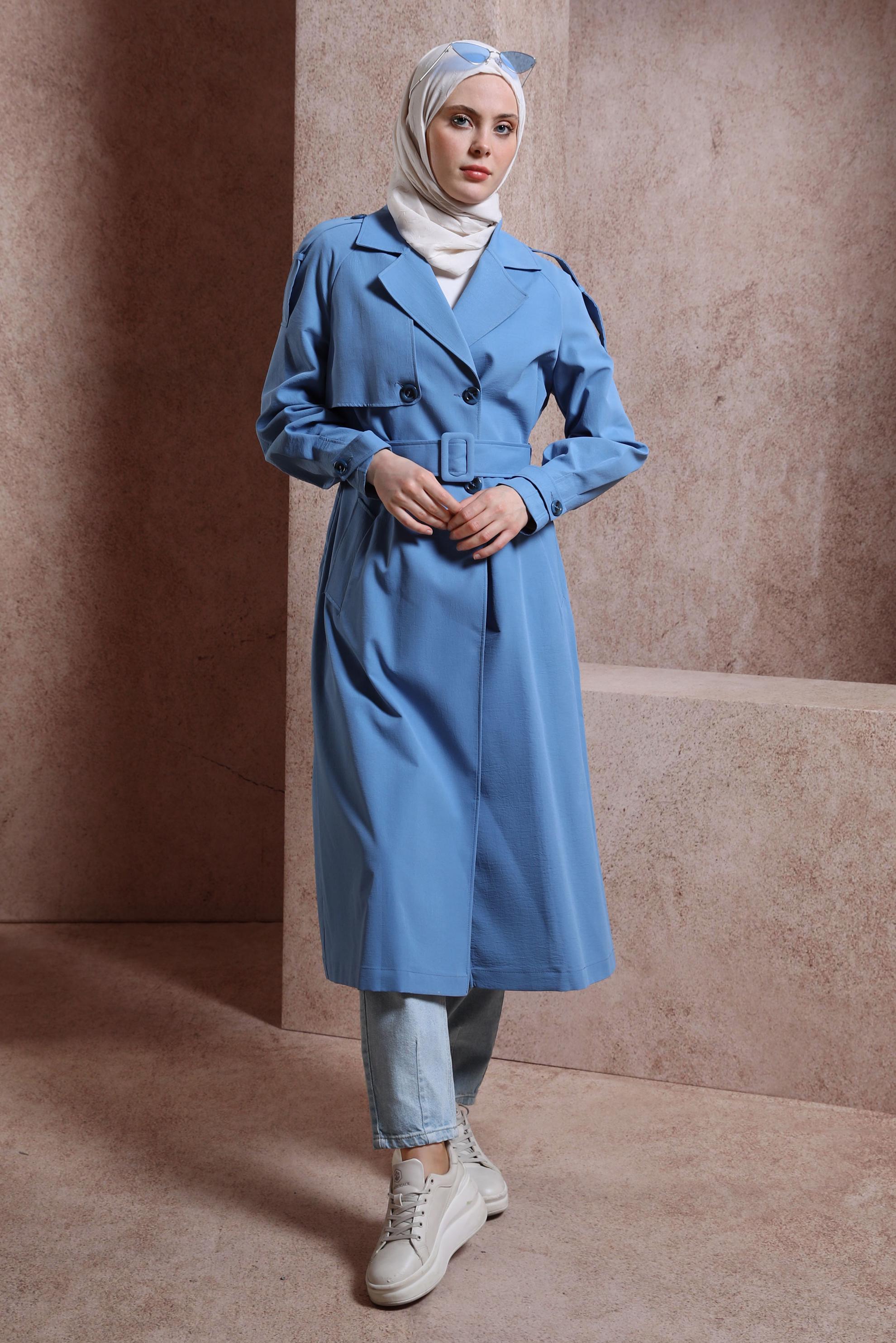 Tesettür giyim MAVİ KEMERLİ TRENÇKOT 10852