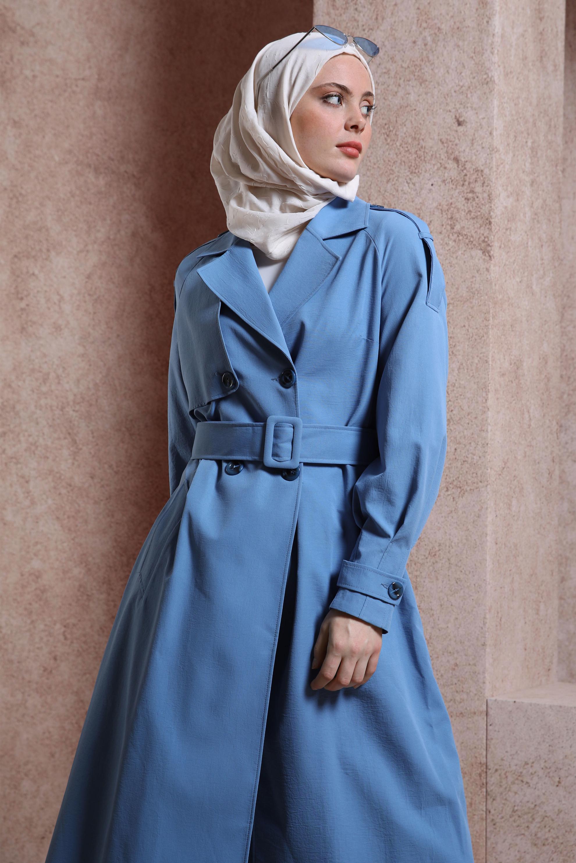 Tesettür giyim MAVİ KEMERLİ TRENÇKOT 10852