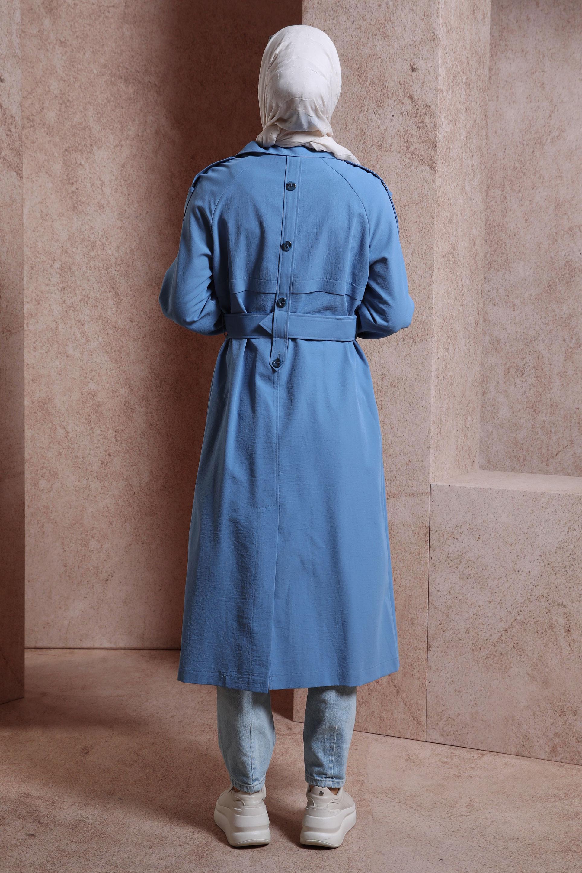 Tesettür giyim MAVİ KEMERLİ TRENÇKOT 10852