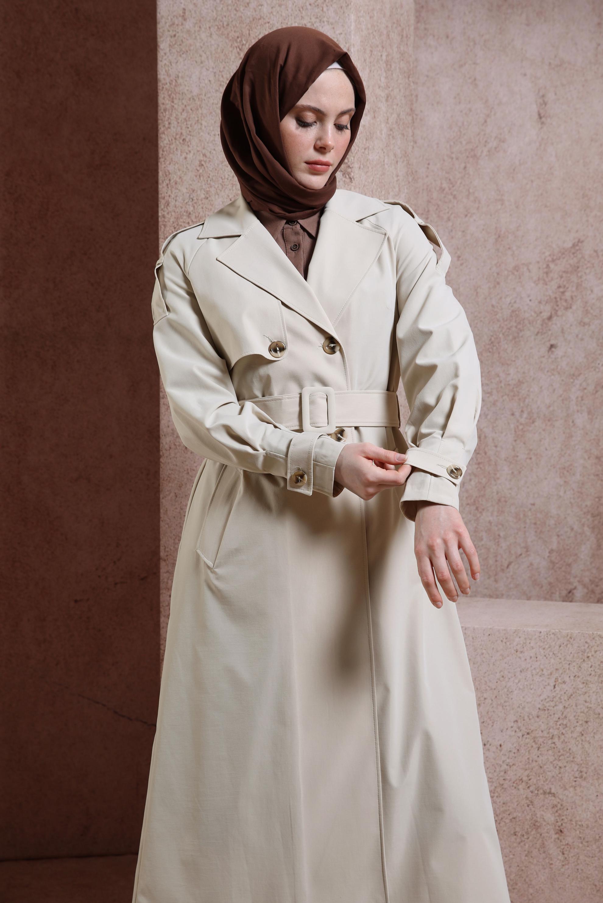 Tesettür giyim BEJ KEMERLİ TRENÇKOT 10852