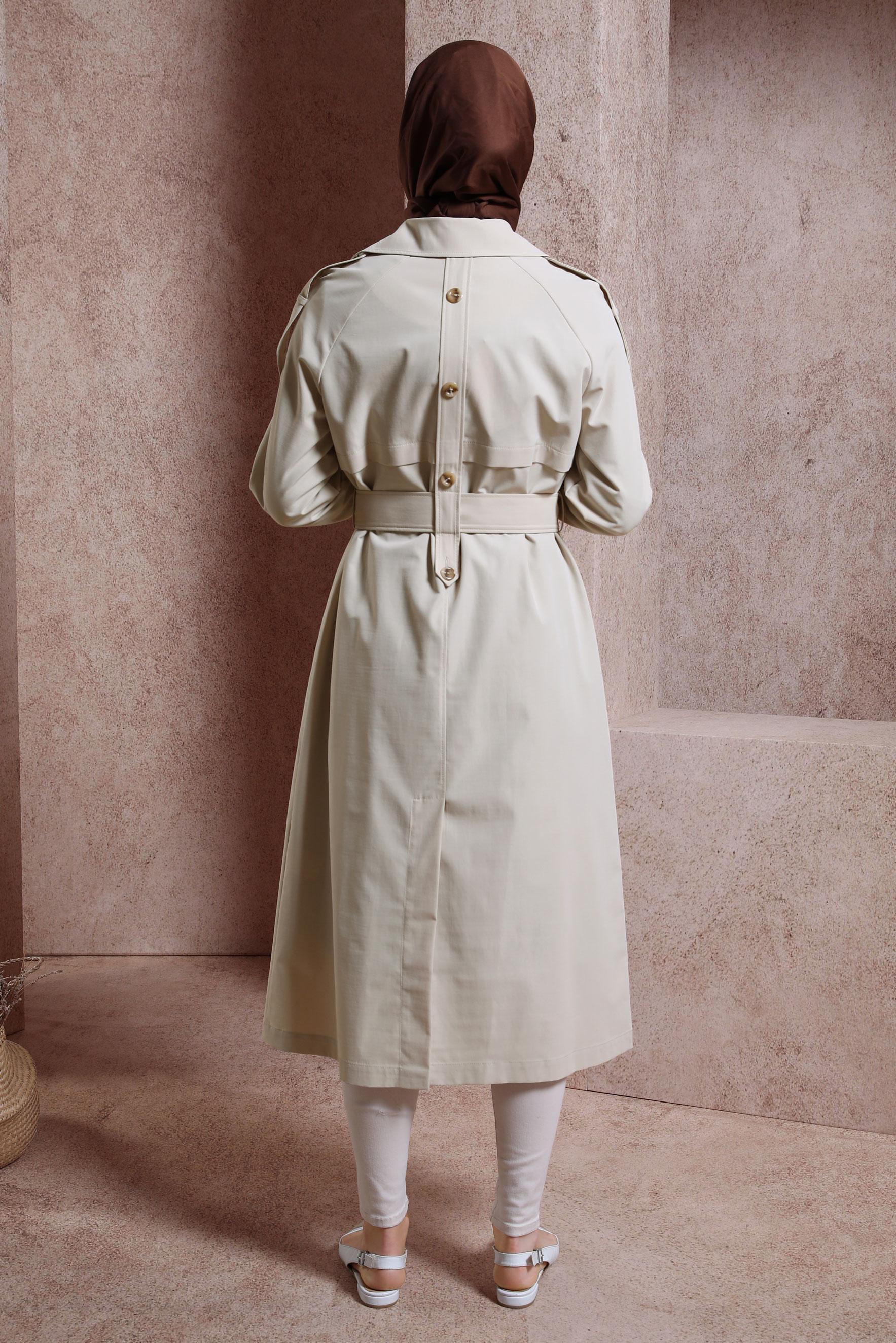 Tesettür giyim BEJ KEMERLİ TRENÇKOT 10852