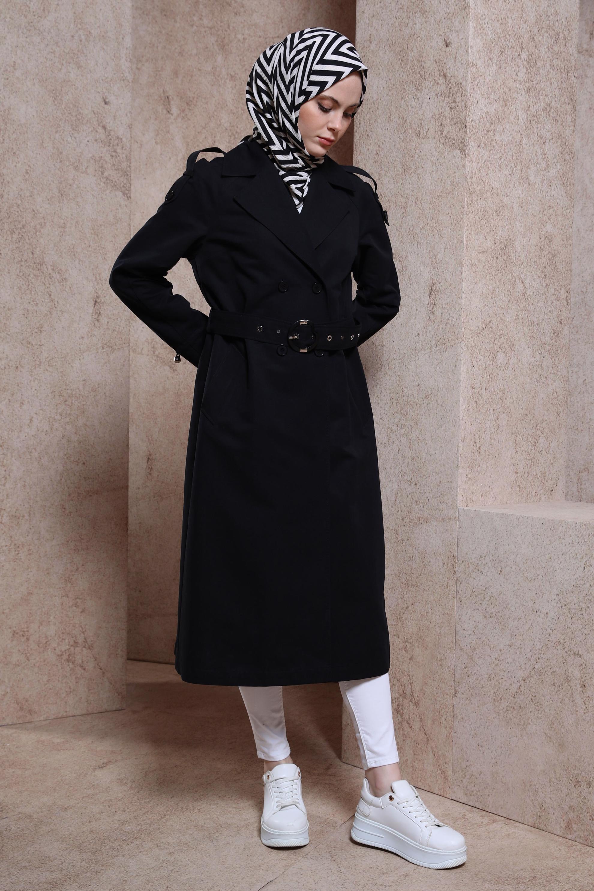 Tesettür giyim SİYAH KEMERLİ TRENÇKOT 10853