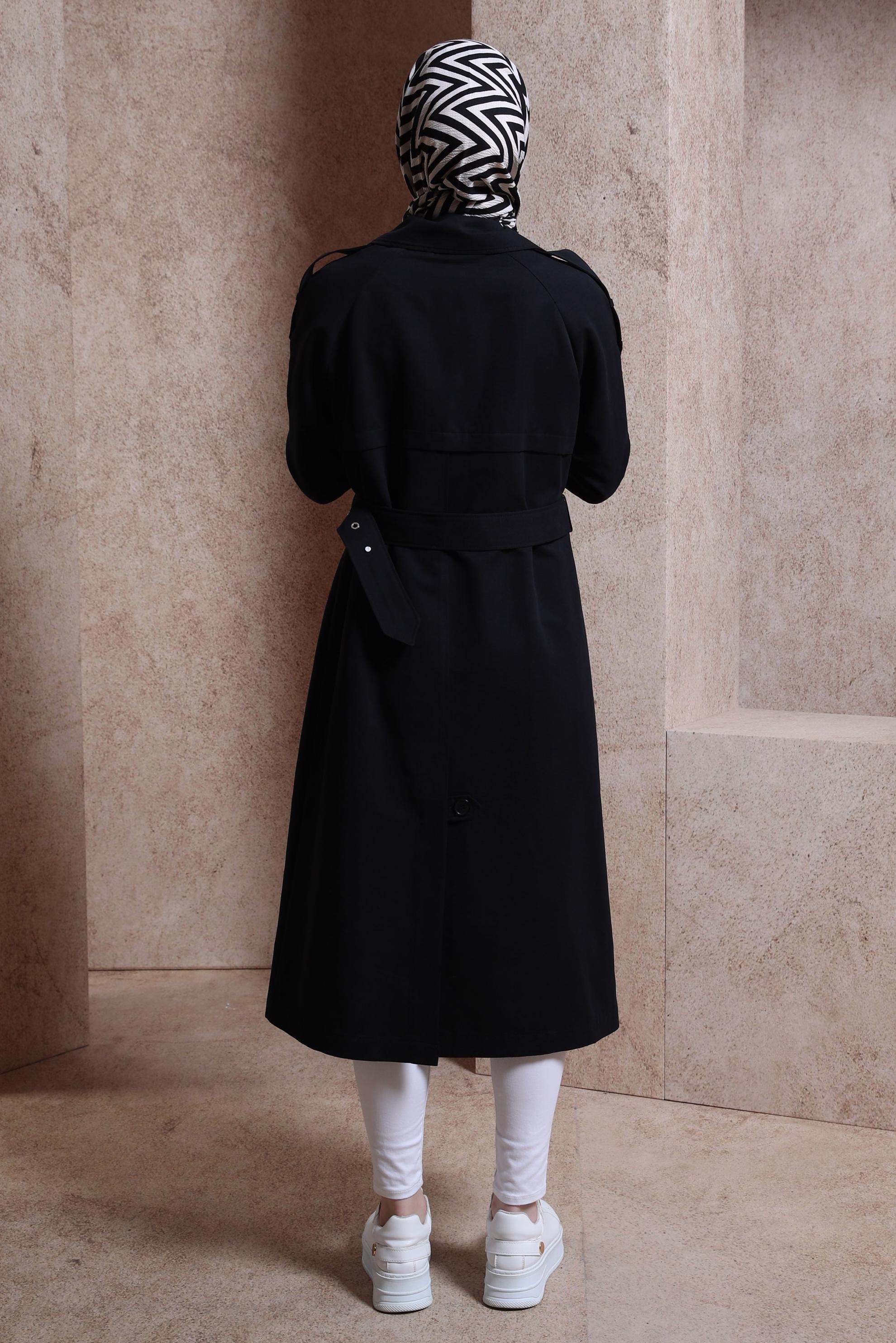 Tesettür giyim SİYAH KEMERLİ TRENÇKOT 10853