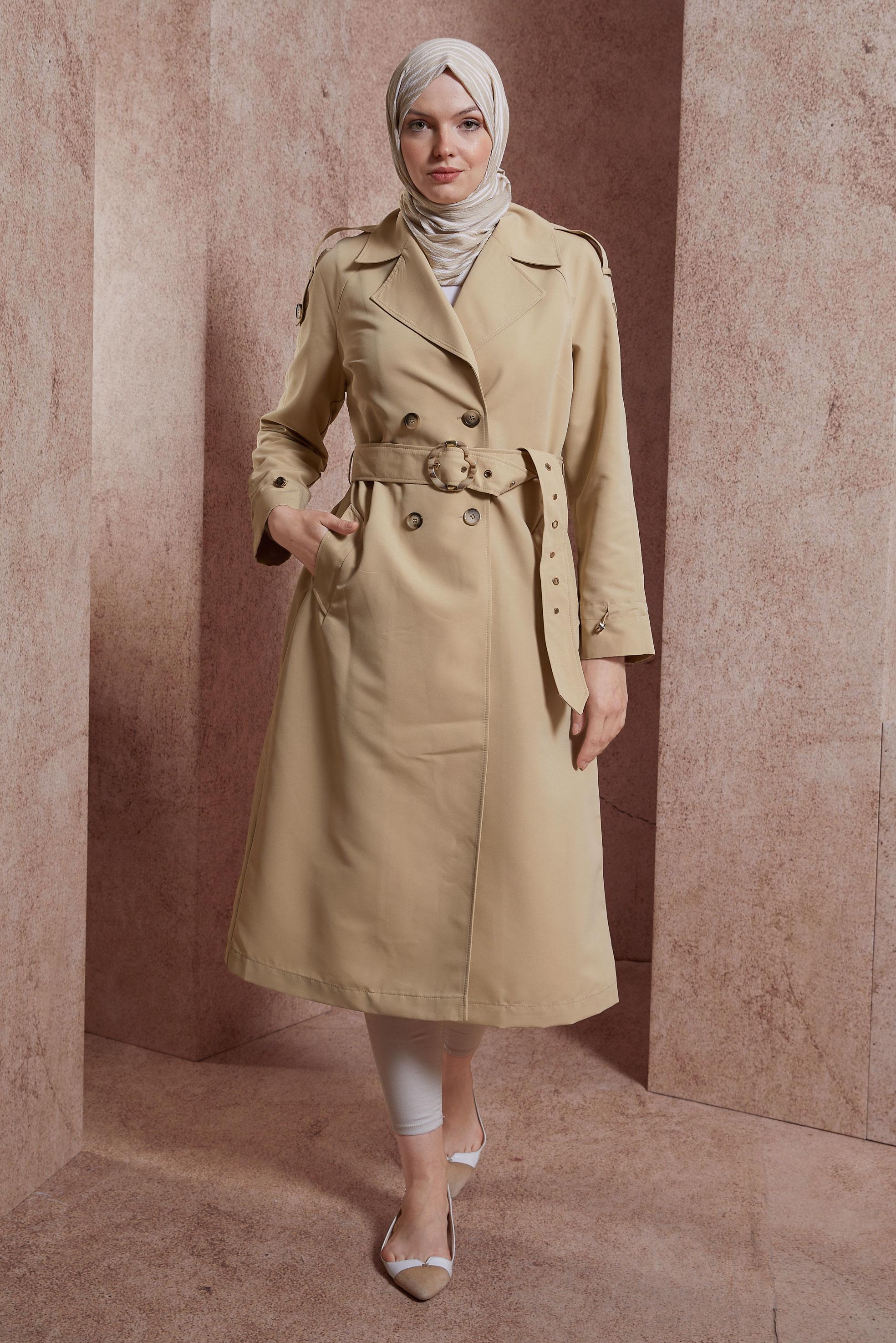 Tesettür giyim BEJ KEMERLİ TRENÇKOT 10853