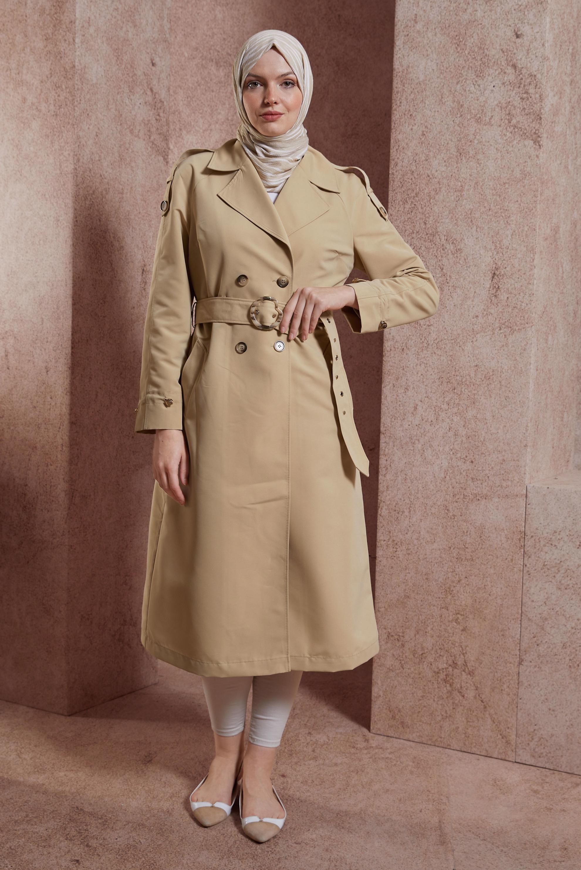 Tesettür giyim BEJ KEMERLİ TRENÇKOT 10853