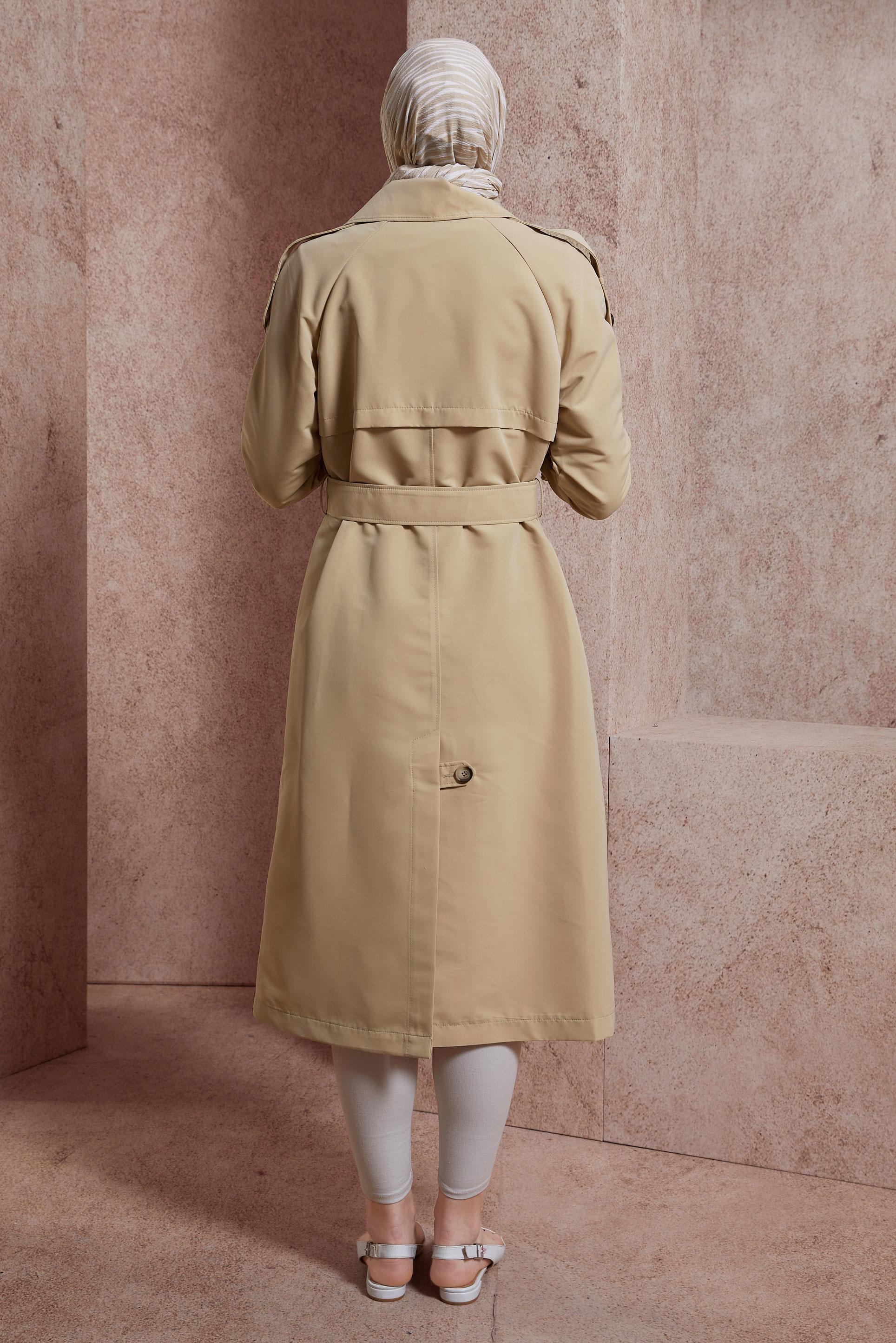 Tesettür giyim BEJ KEMERLİ TRENÇKOT 10853