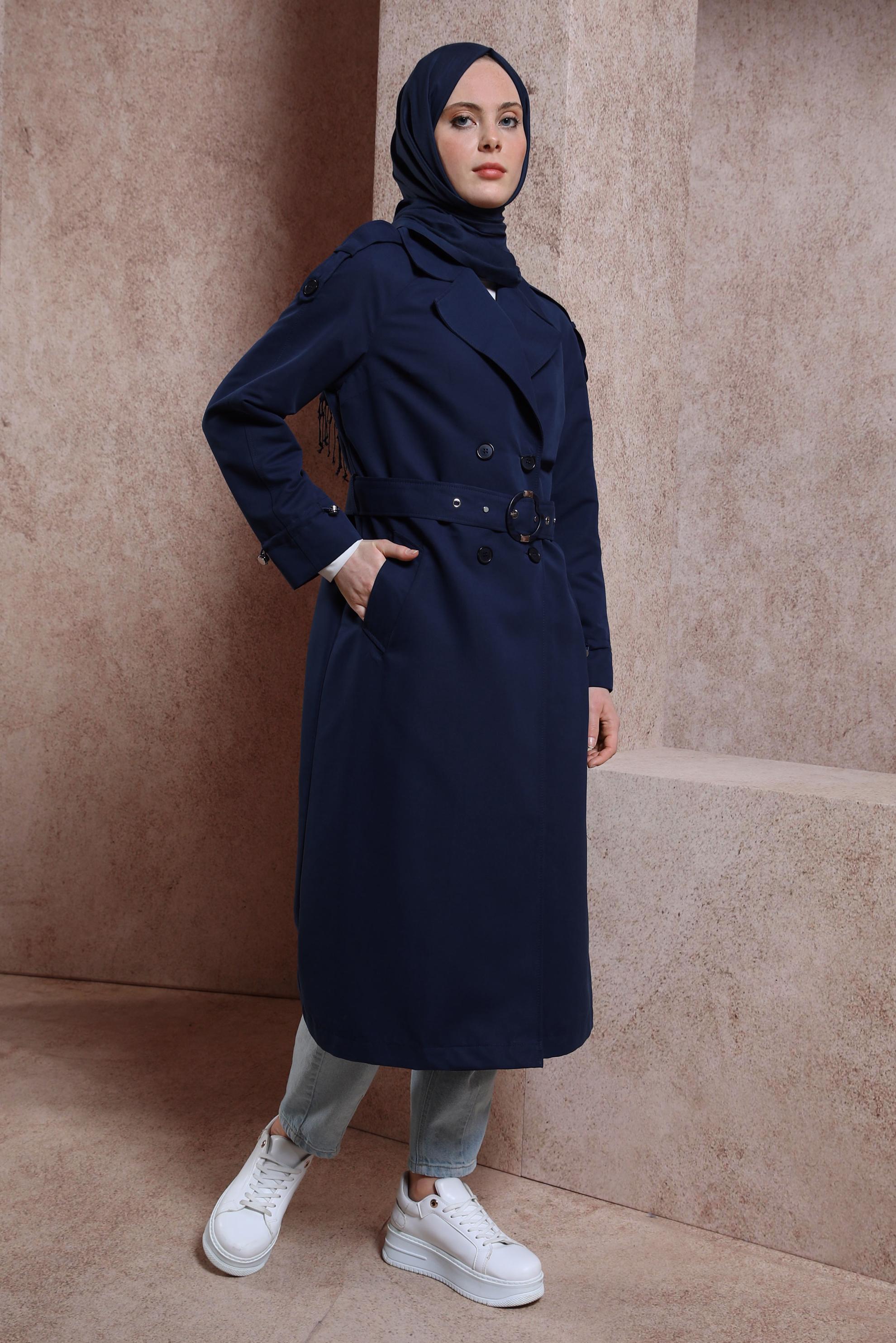 Tesettür giyim LACİVERT KEMERLİ TRENÇKOT 10853