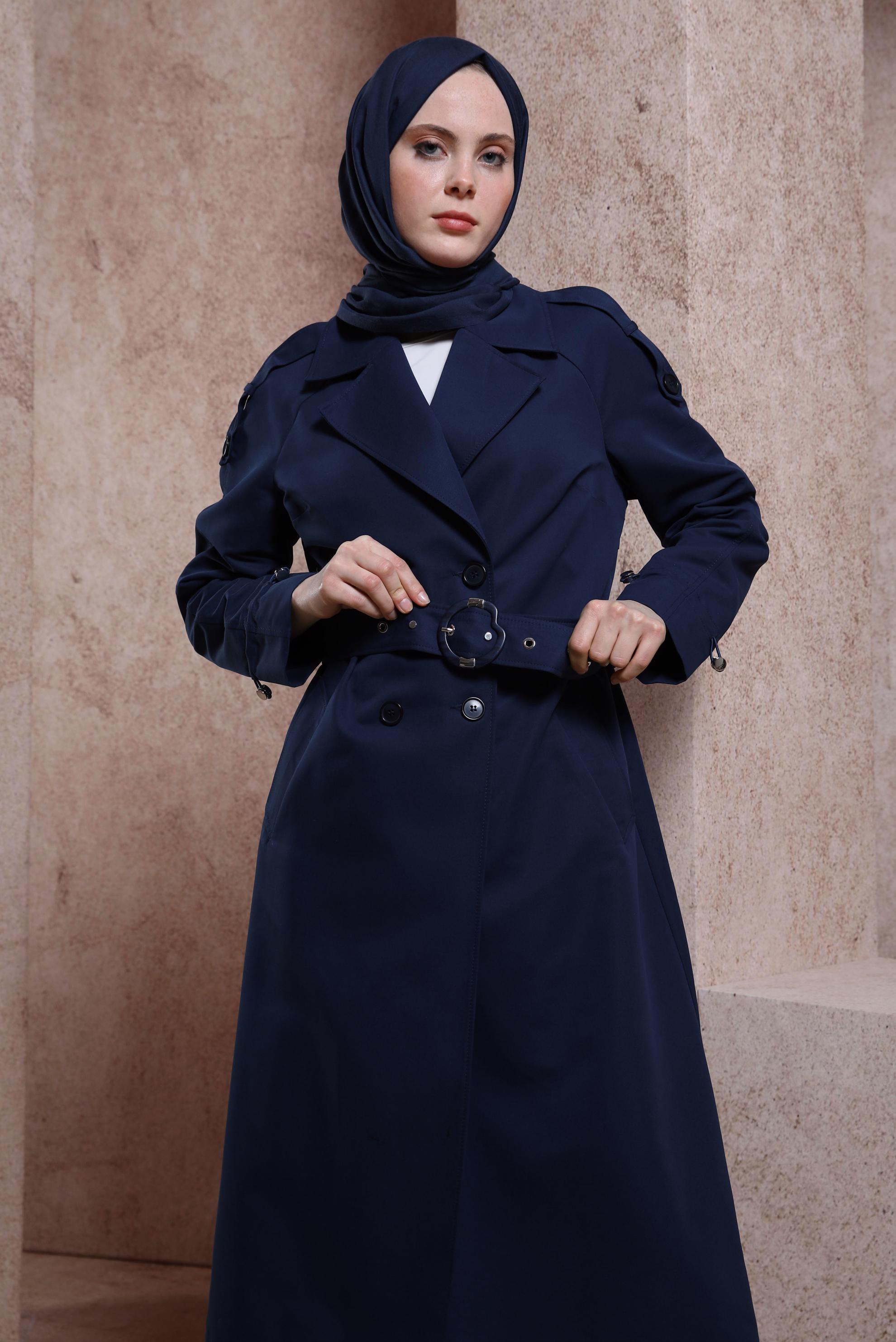 Tesettür giyim LACİVERT KEMERLİ TRENÇKOT 10853