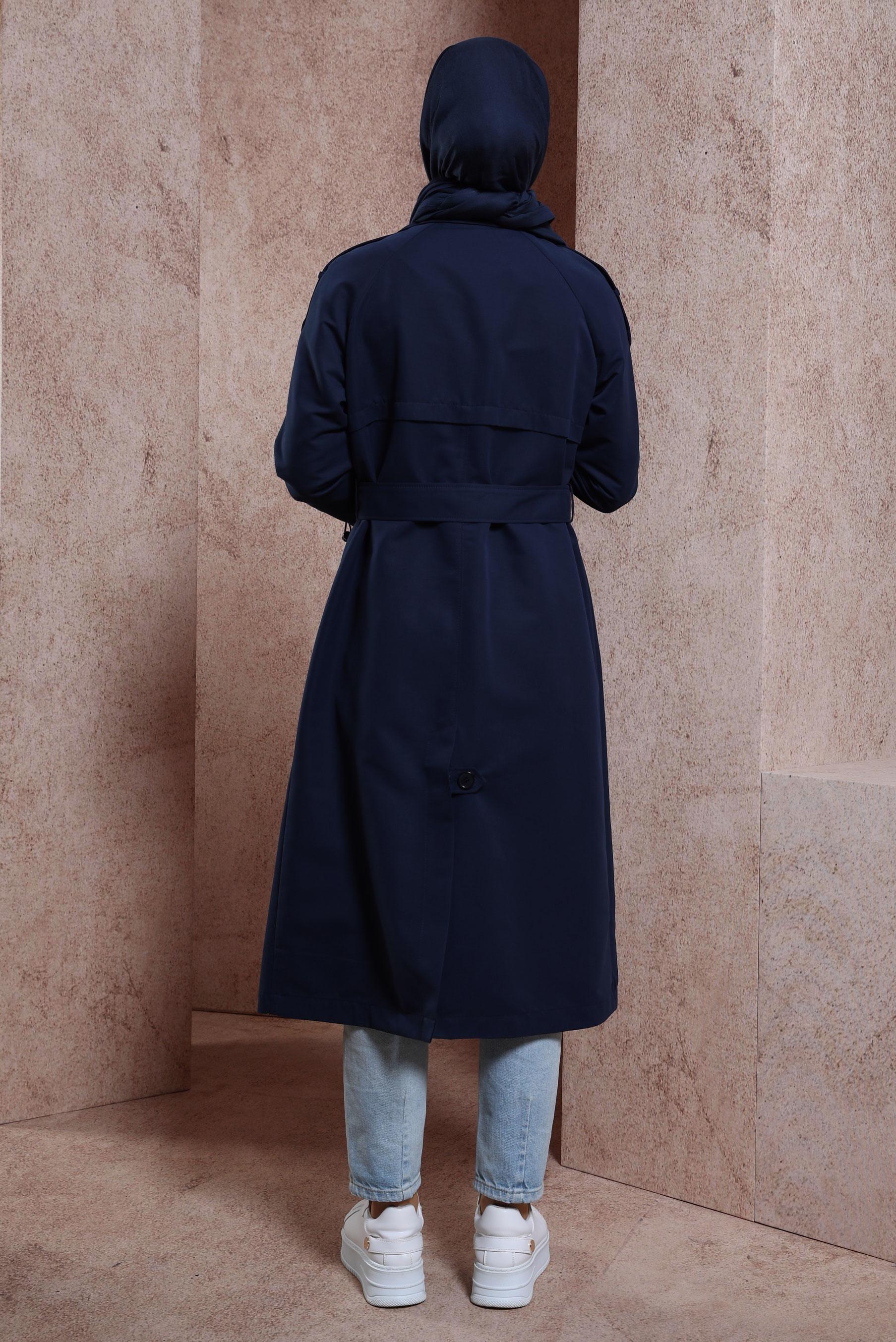 Tesettür giyim LACİVERT KEMERLİ TRENÇKOT 10853