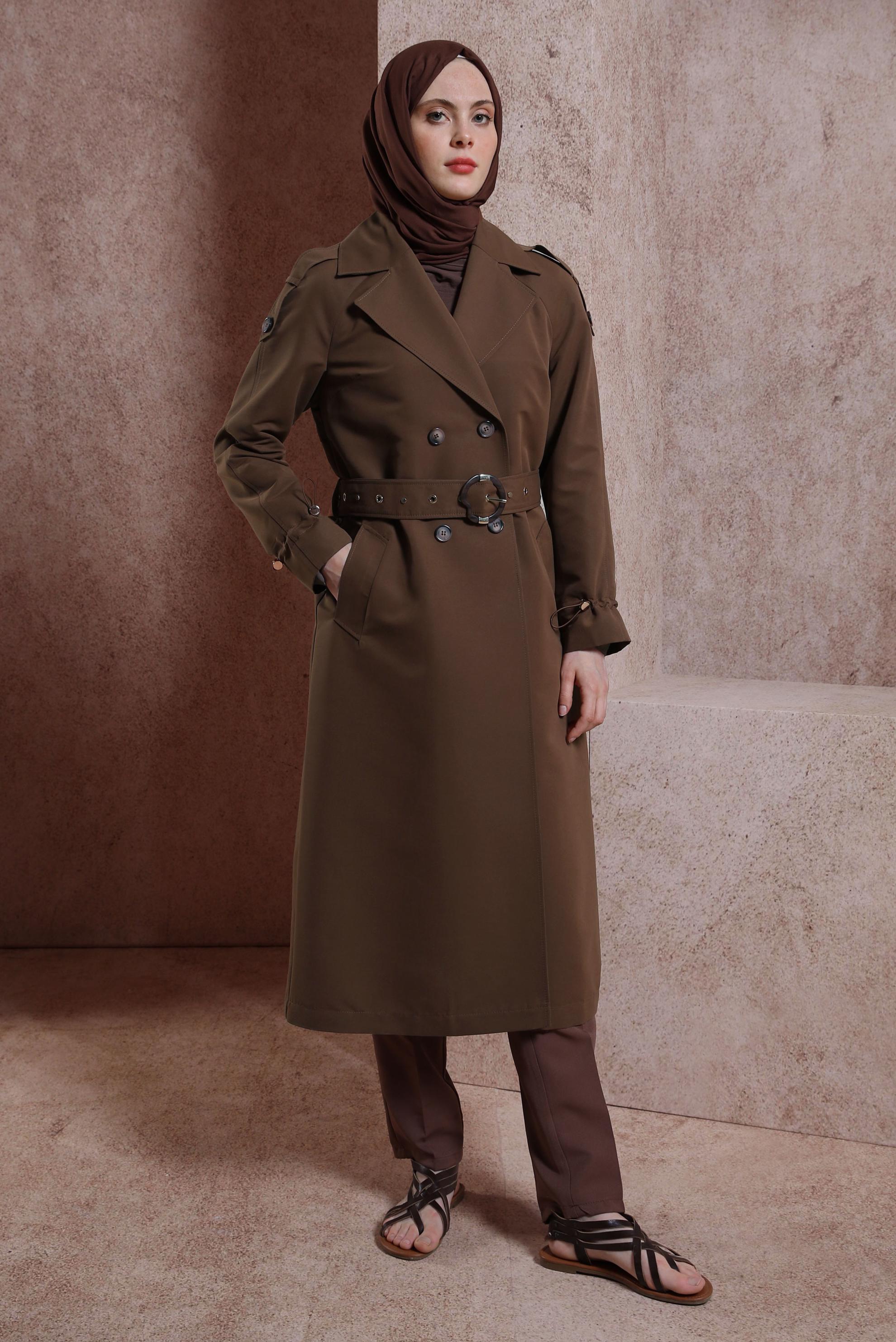 Tesettür giyim KAHVE KEMERLİ TRENÇKOT 10853