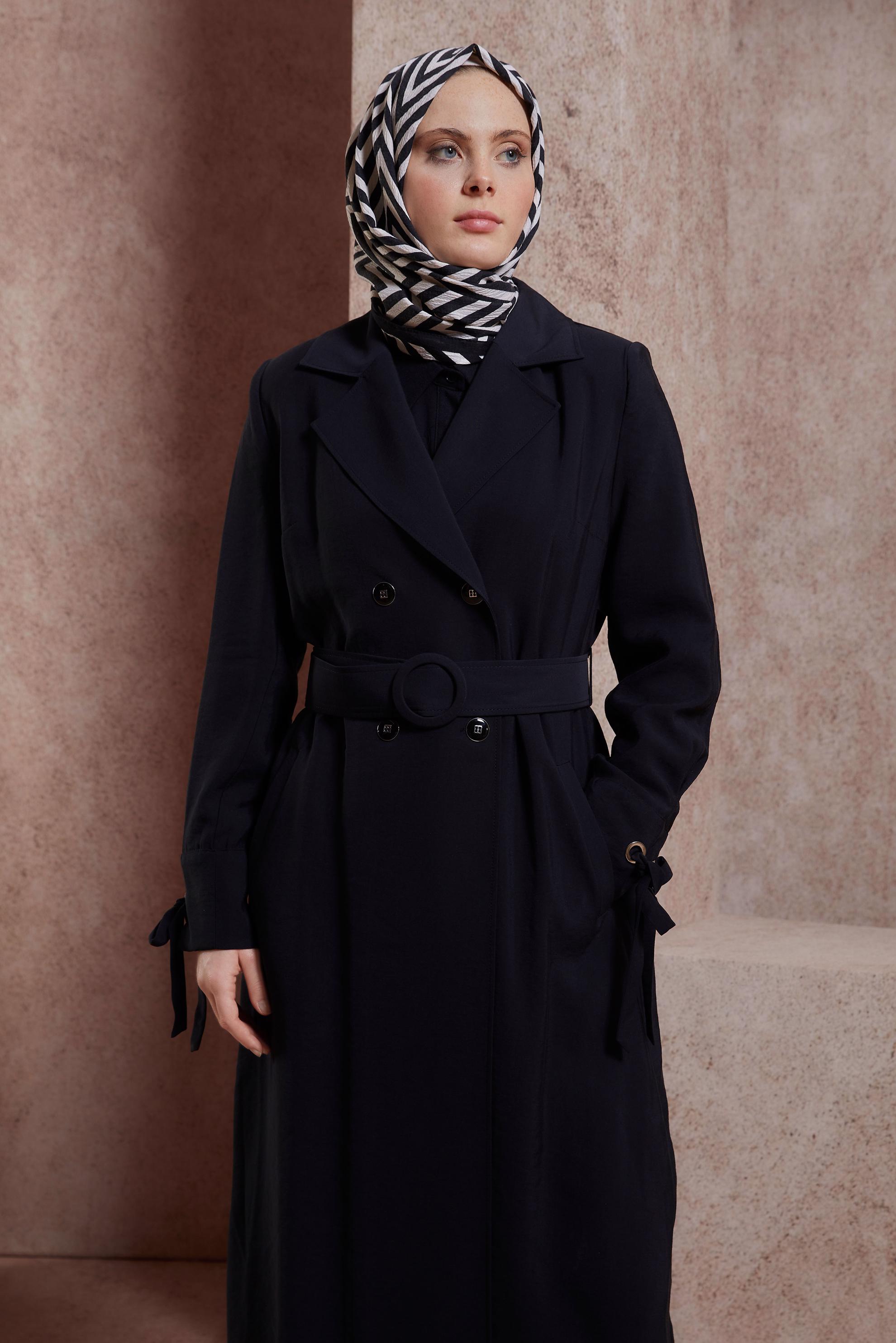 Tesettür giyim SİYAH KEMERLİ TRENÇKOT 10855