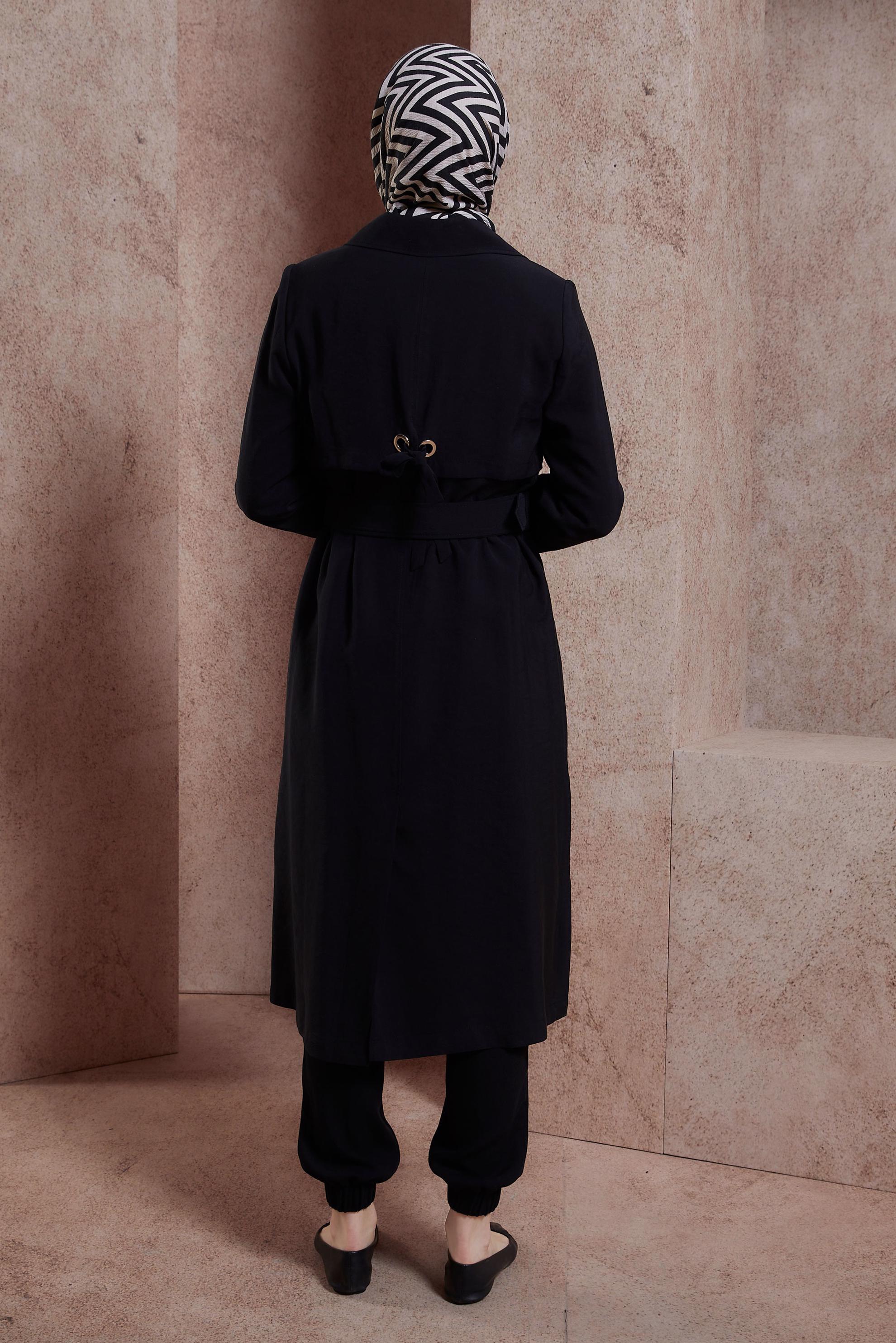 Tesettür giyim SİYAH KEMERLİ TRENÇKOT 10855