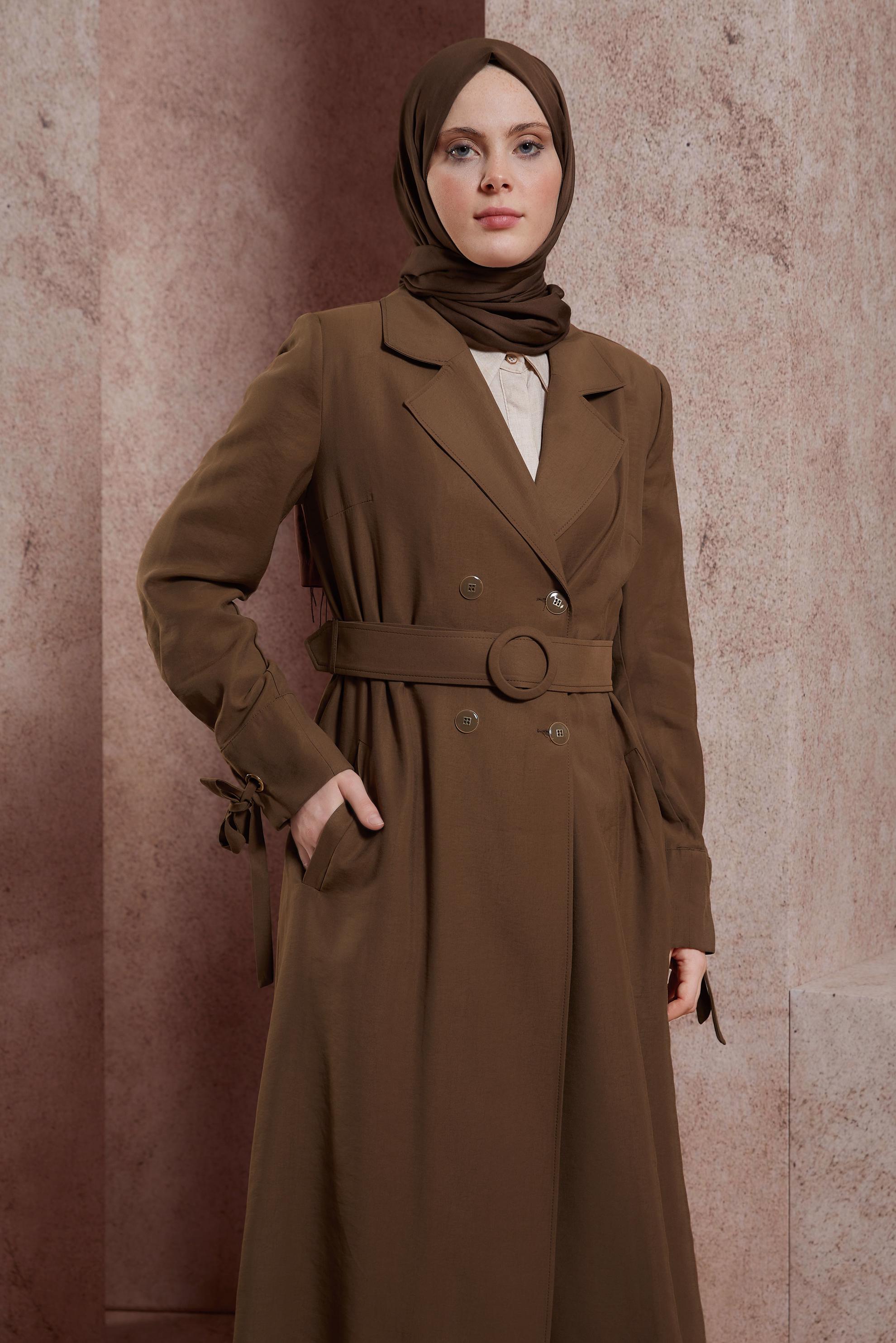 Tesettür giyim KAHVE KEMERLİ TRENÇKOT 10855