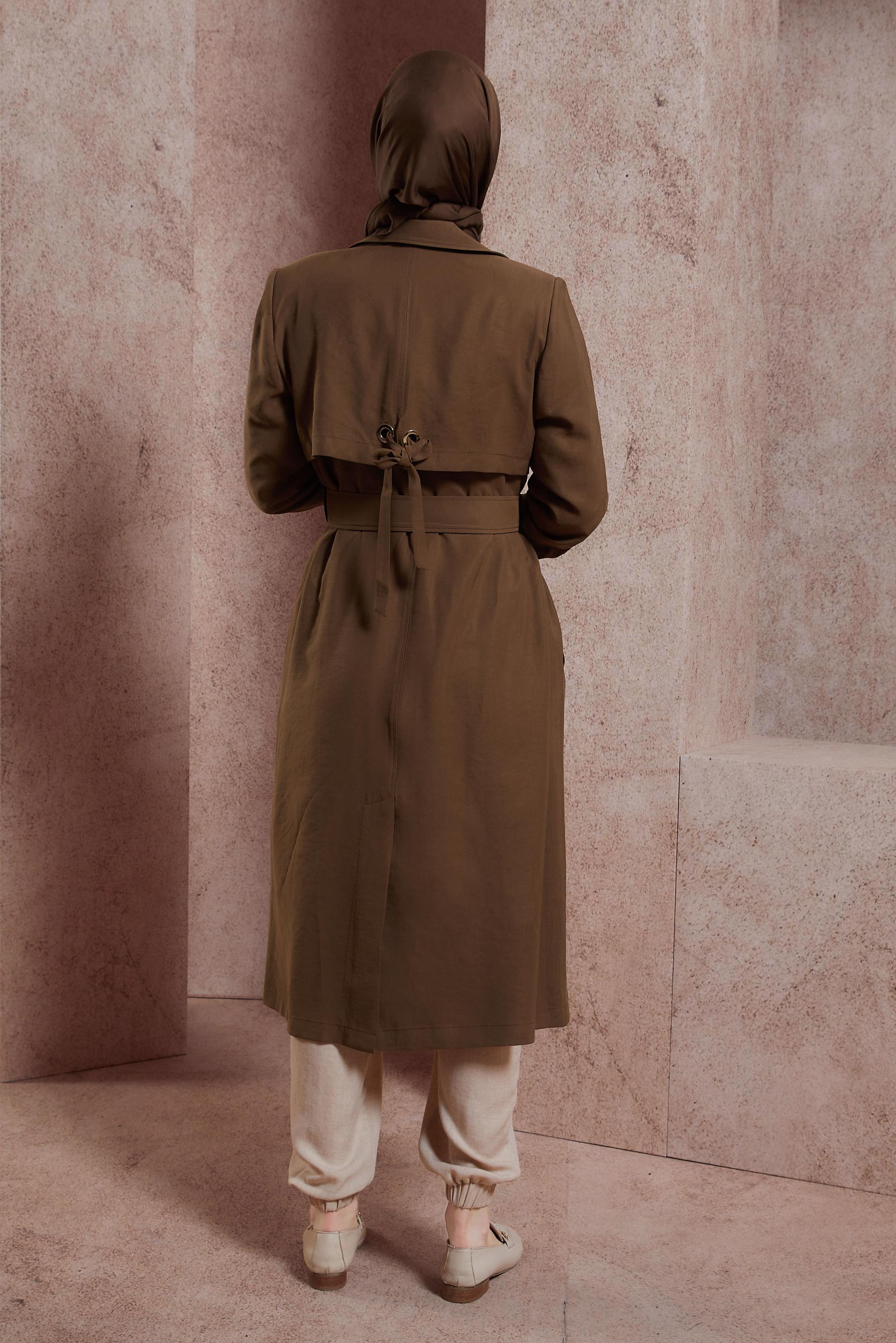 Tesettür giyim KAHVE KEMERLİ TRENÇKOT 10855