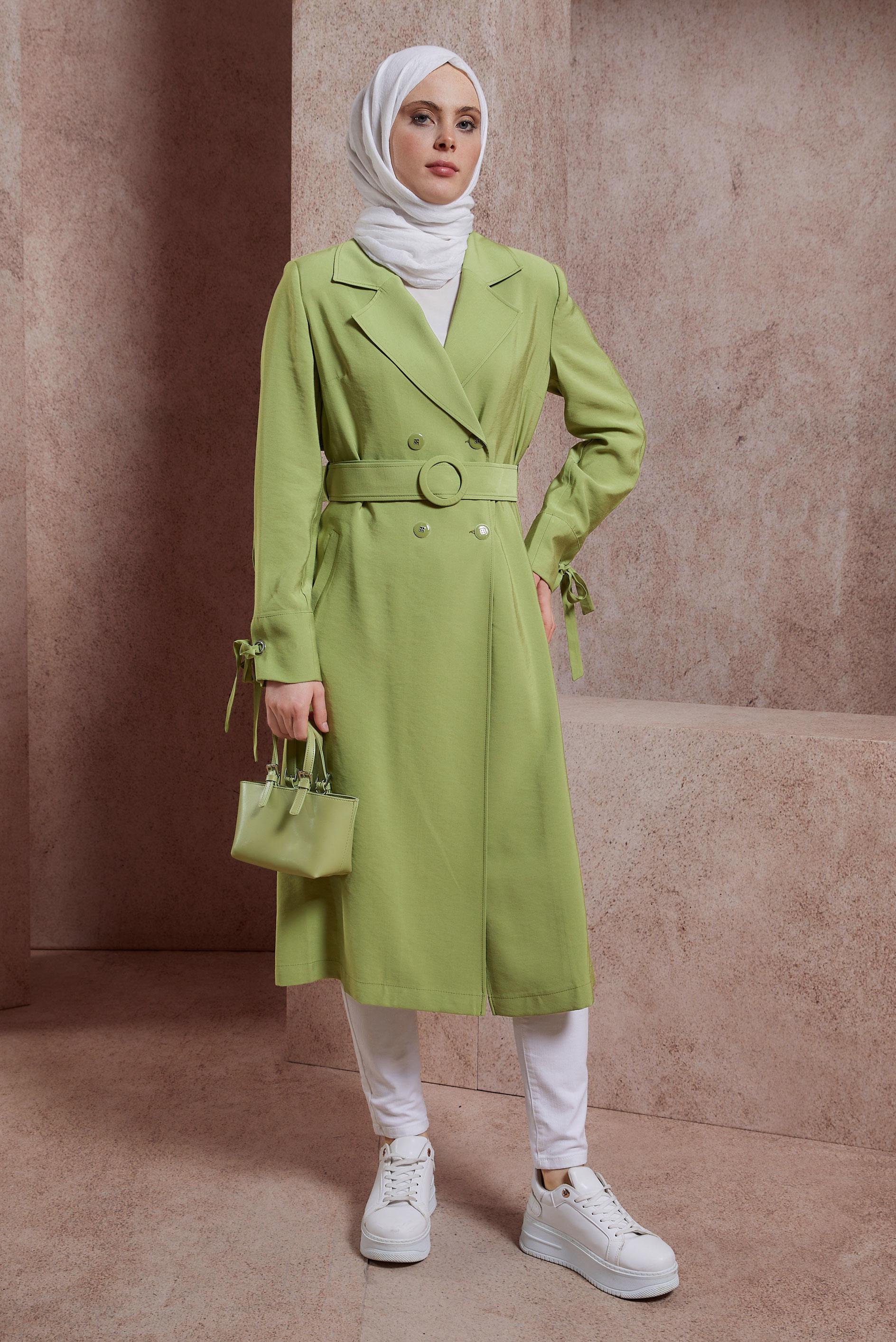 Tesettür giyim YEŞİL KEMERLİ TRENÇKOT 10855