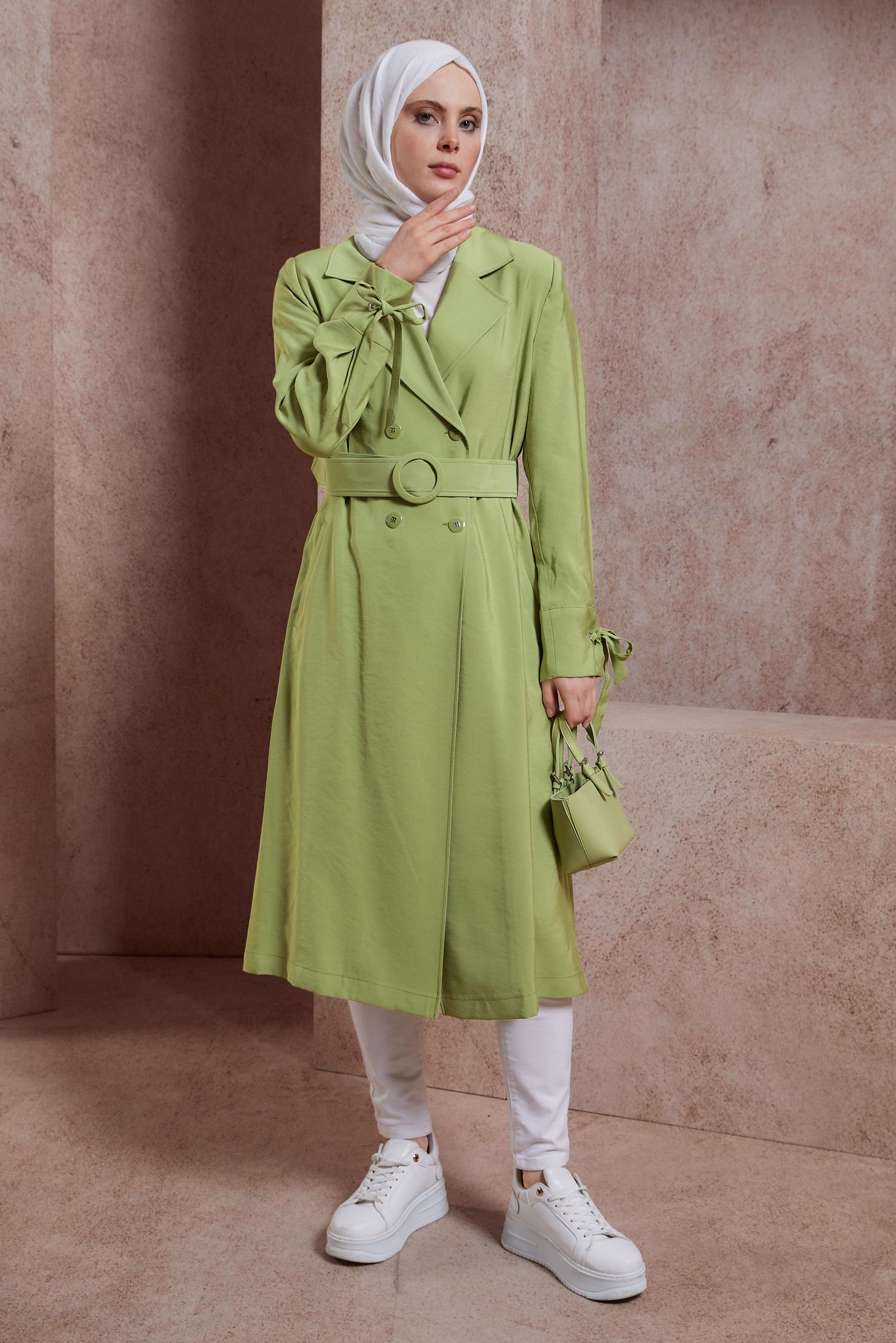 Tesettür giyim YEŞİL KEMERLİ TRENÇKOT 10855