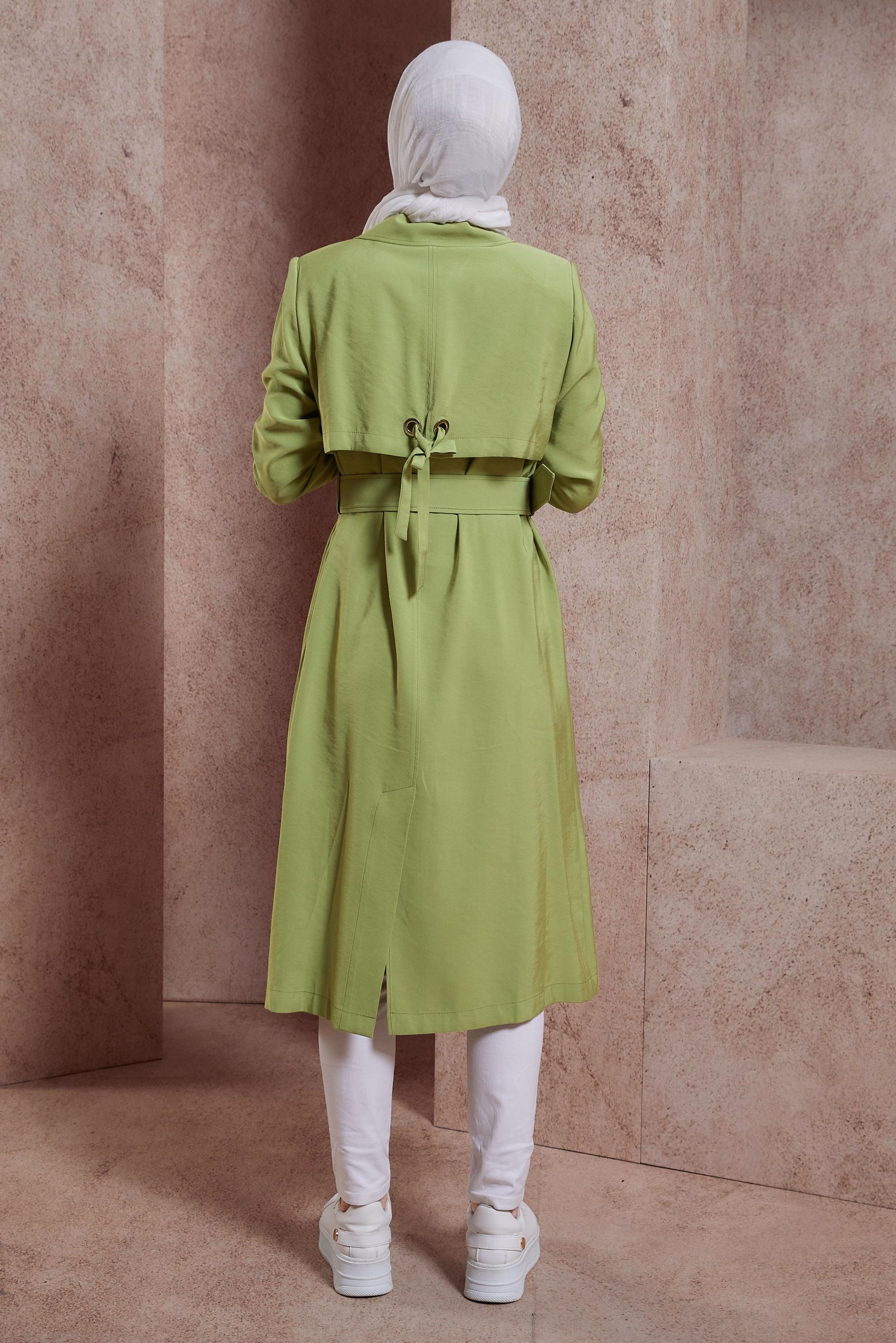 Tesettür giyim YEŞİL KEMERLİ TRENÇKOT 10855