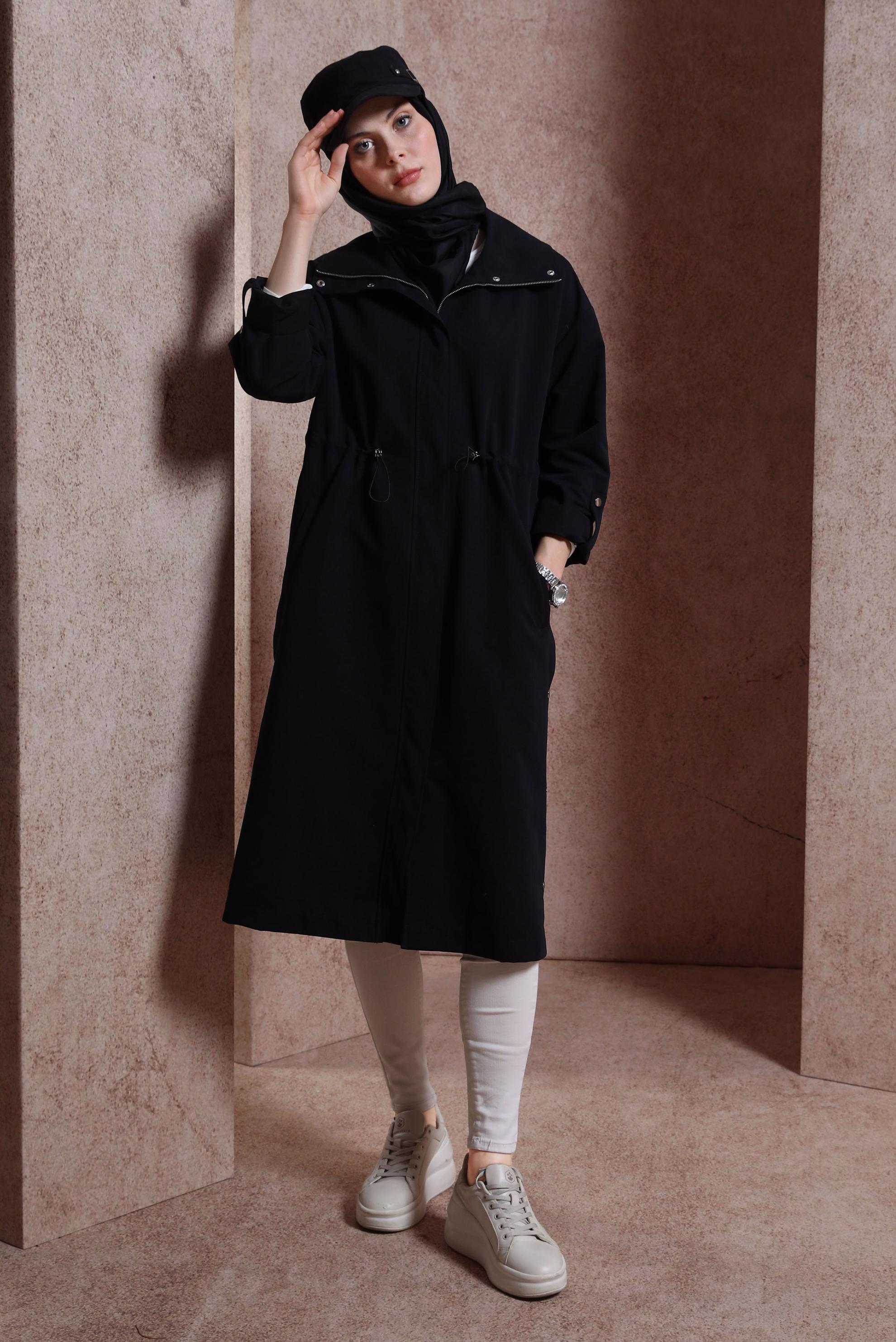 Tesettür giyim SİYAH BELİ BÜZGÜLÜ TRENÇKOT 10856