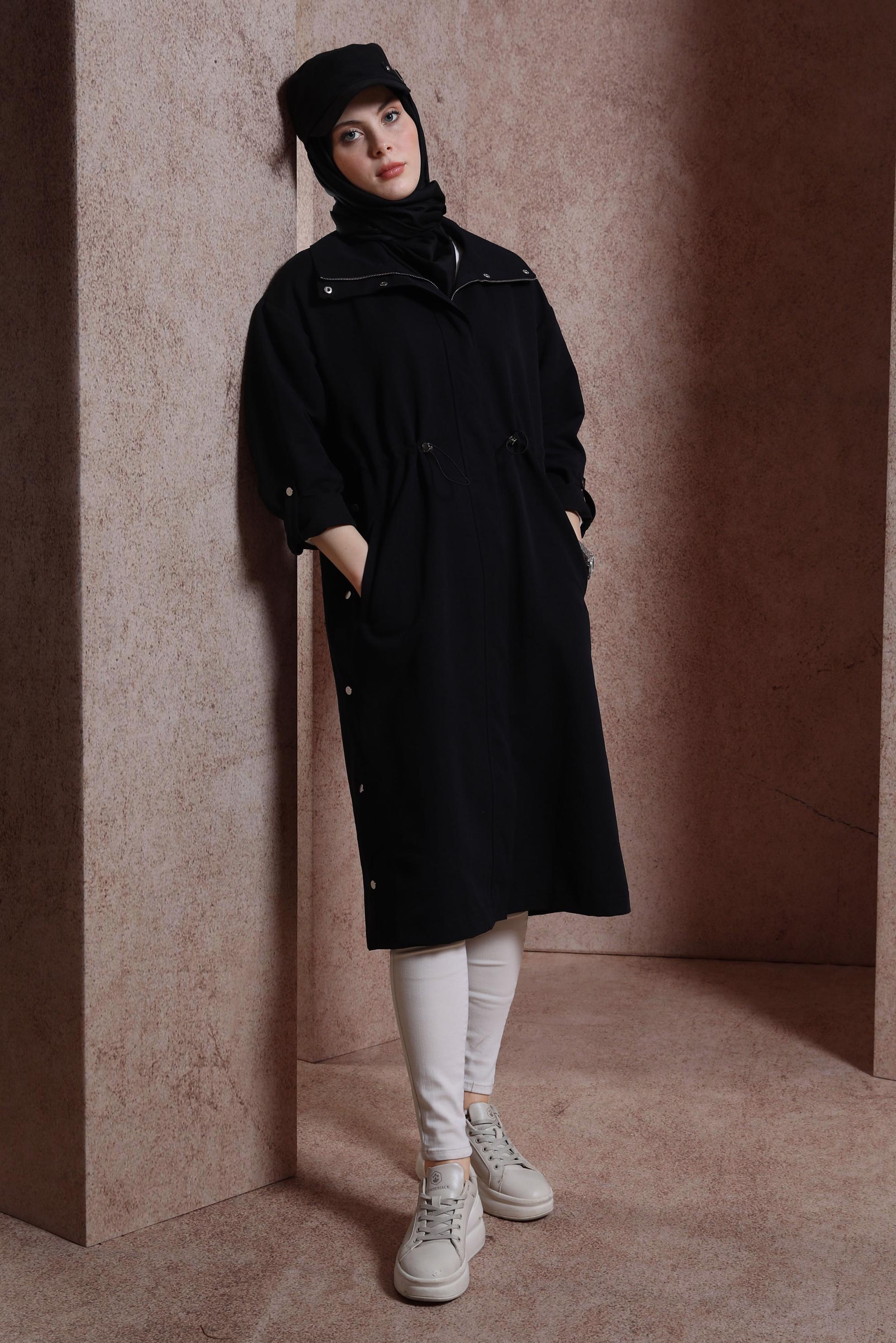 Tesettür giyim SİYAH BELİ BÜZGÜLÜ TRENÇKOT 10856