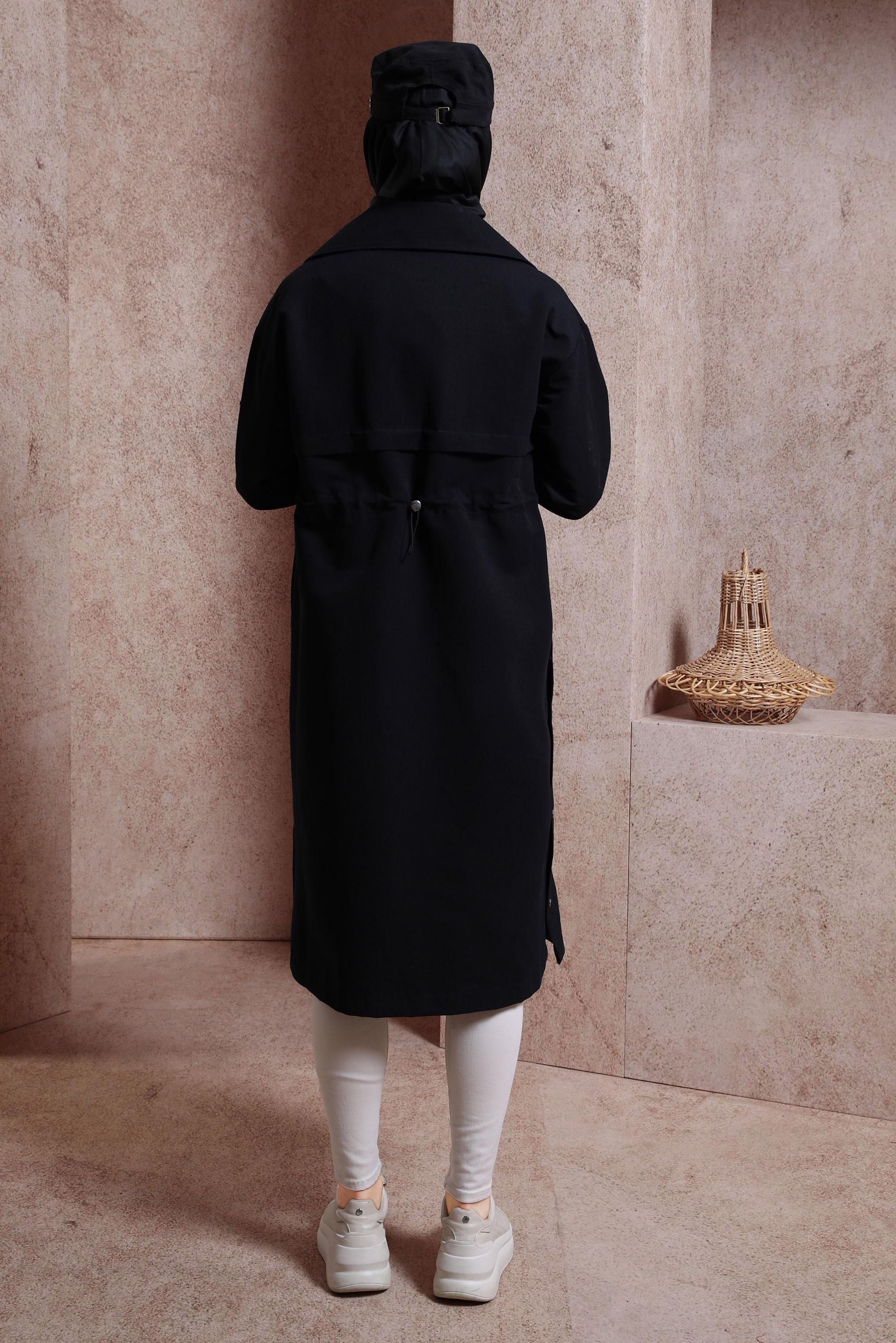 Tesettür giyim SİYAH BELİ BÜZGÜLÜ TRENÇKOT 10856