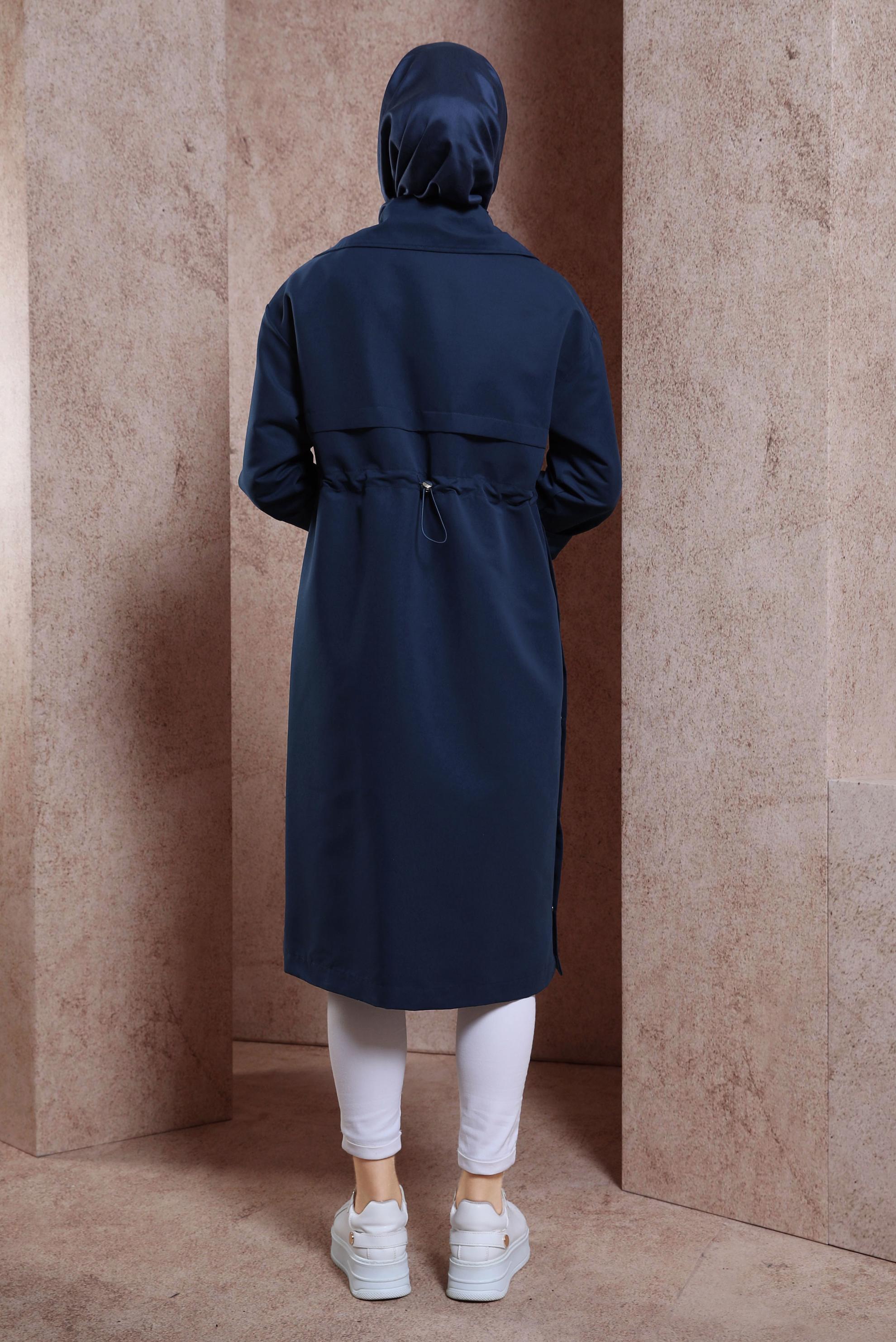 Tesettür giyim LACİVERT BELİ BÜZGÜLÜ TRENÇKOT 10856