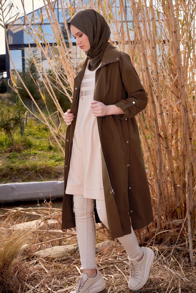 Tesettür giyim KAHVE BELİ BÜZGÜLÜ TRENÇKOT 10856 - ALVİNA