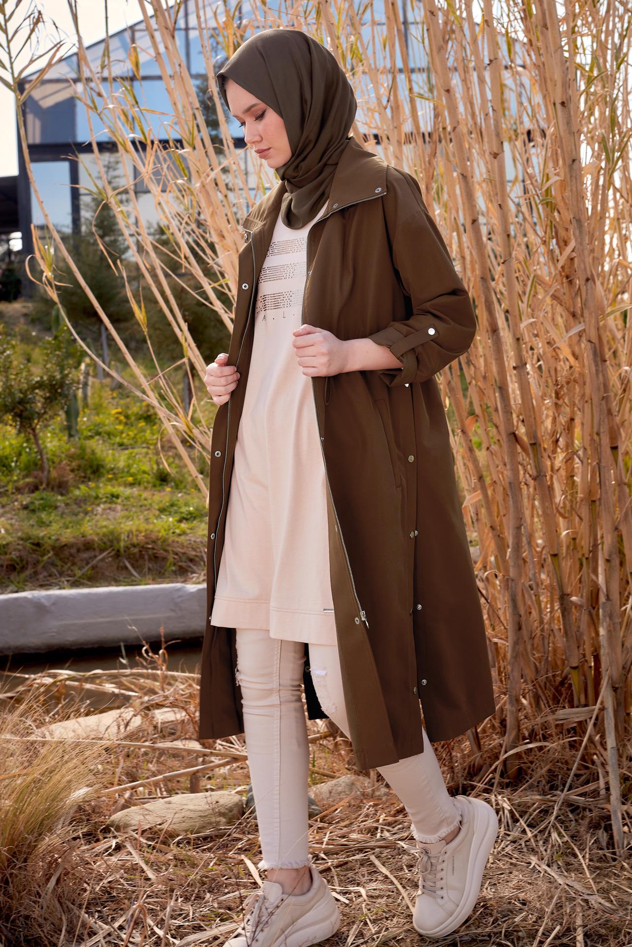 Tesettür giyim KAHVE BELİ BÜZGÜLÜ TRENÇKOT 10856