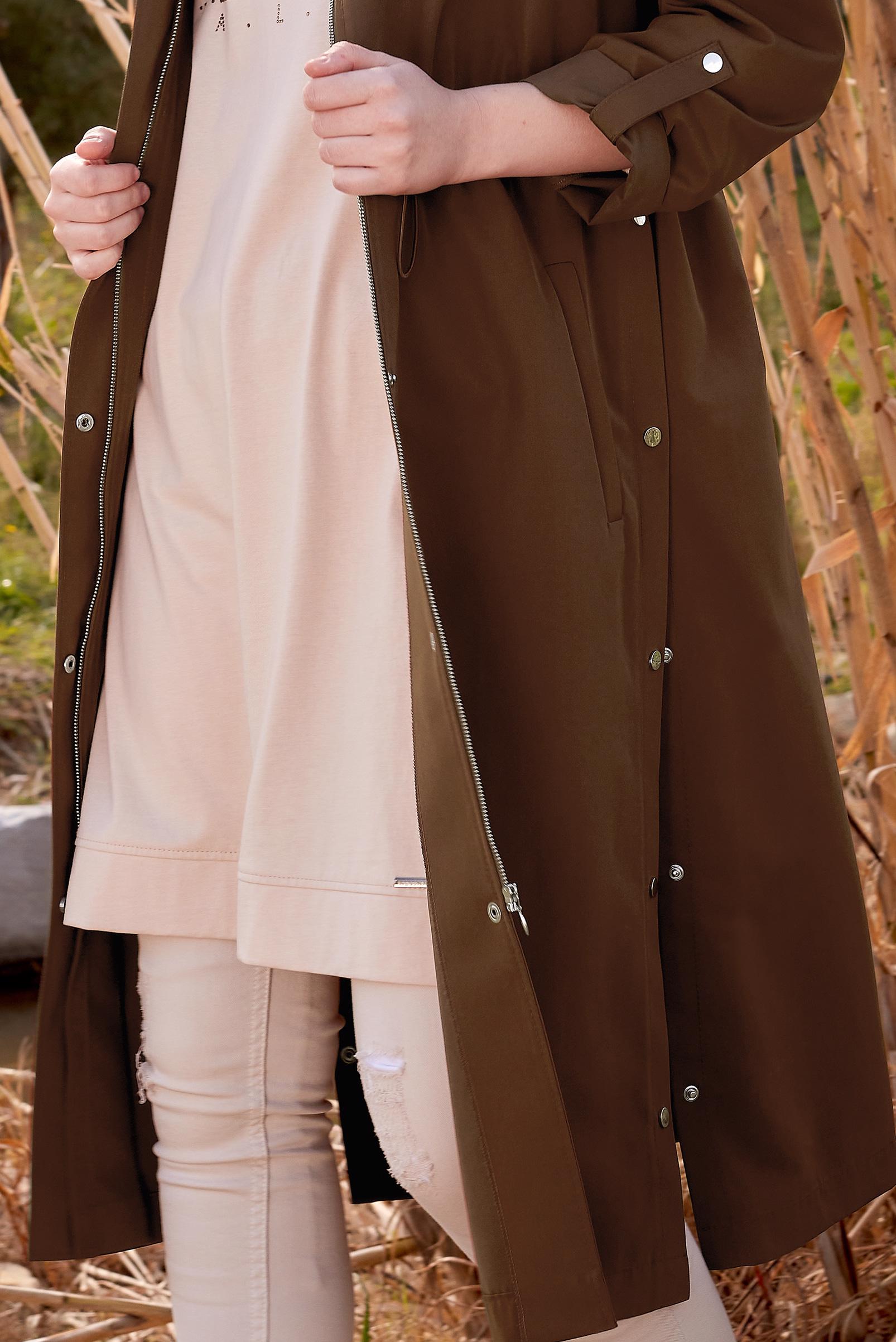 Tesettür giyim KAHVE BELİ BÜZGÜLÜ TRENÇKOT 10856