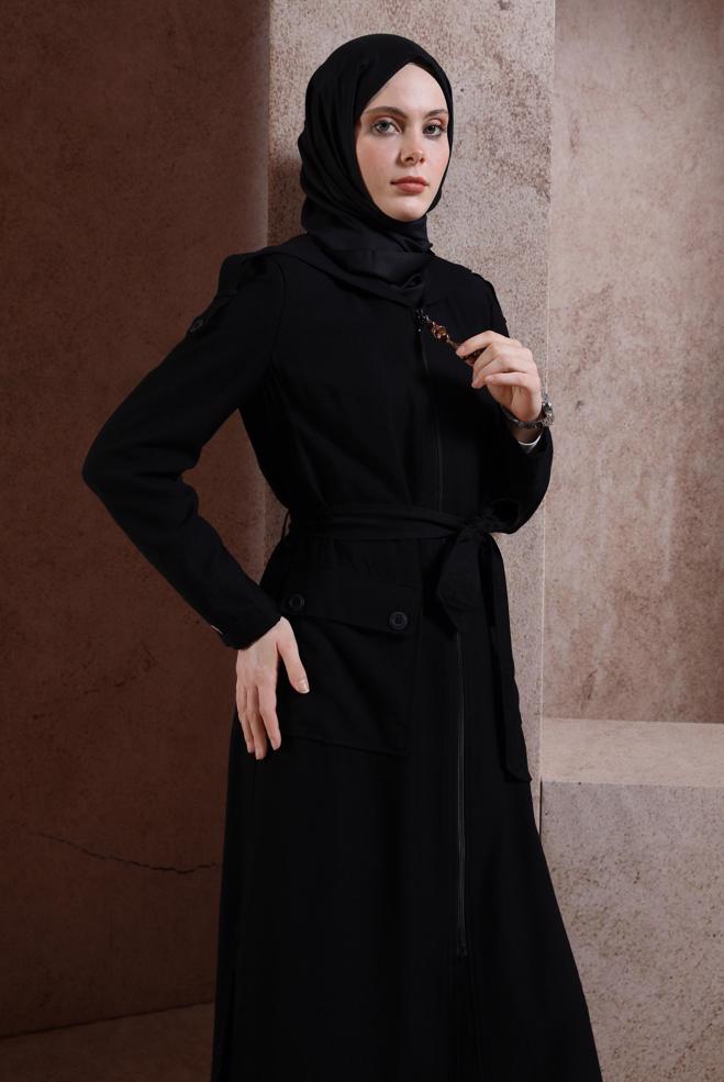 Tesettür giyim SİYAH KUŞAKLI KAPÜŞONLU TRENÇKOT 10858 - ALVİNA