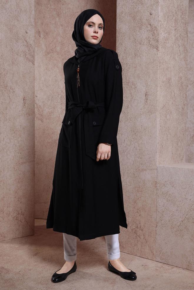 Tesettür giyim SİYAH KUŞAKLI KAPÜŞONLU TRENÇKOT 10858 - ALVİNA