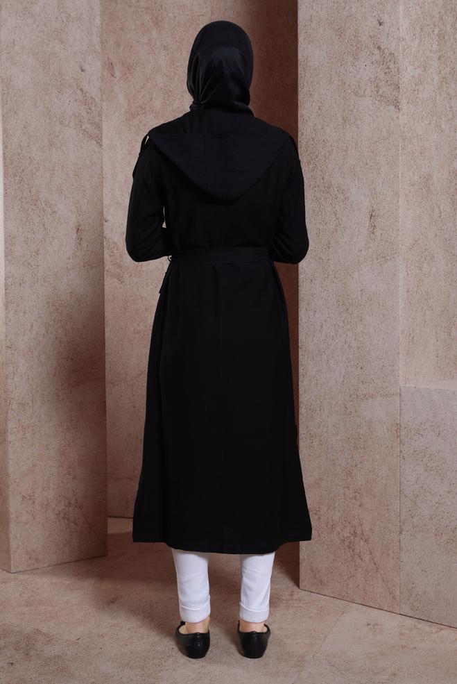 Tesettür giyim SİYAH KUŞAKLI KAPÜŞONLU TRENÇKOT 10858 - ALVİNA